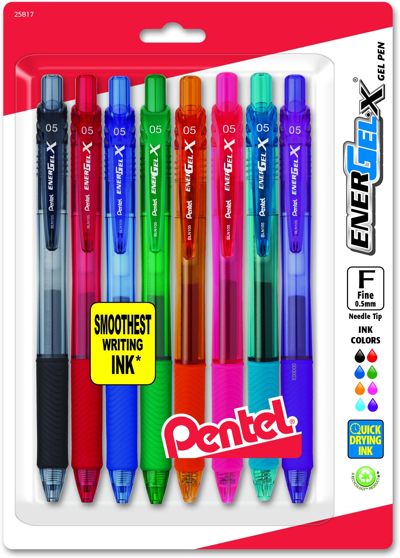EnerGel-X Retractable Liquid Gel Pen, 0.5mm, Needle Tip, Assorted Ink, Pack of 8 (BLN105BP8M)