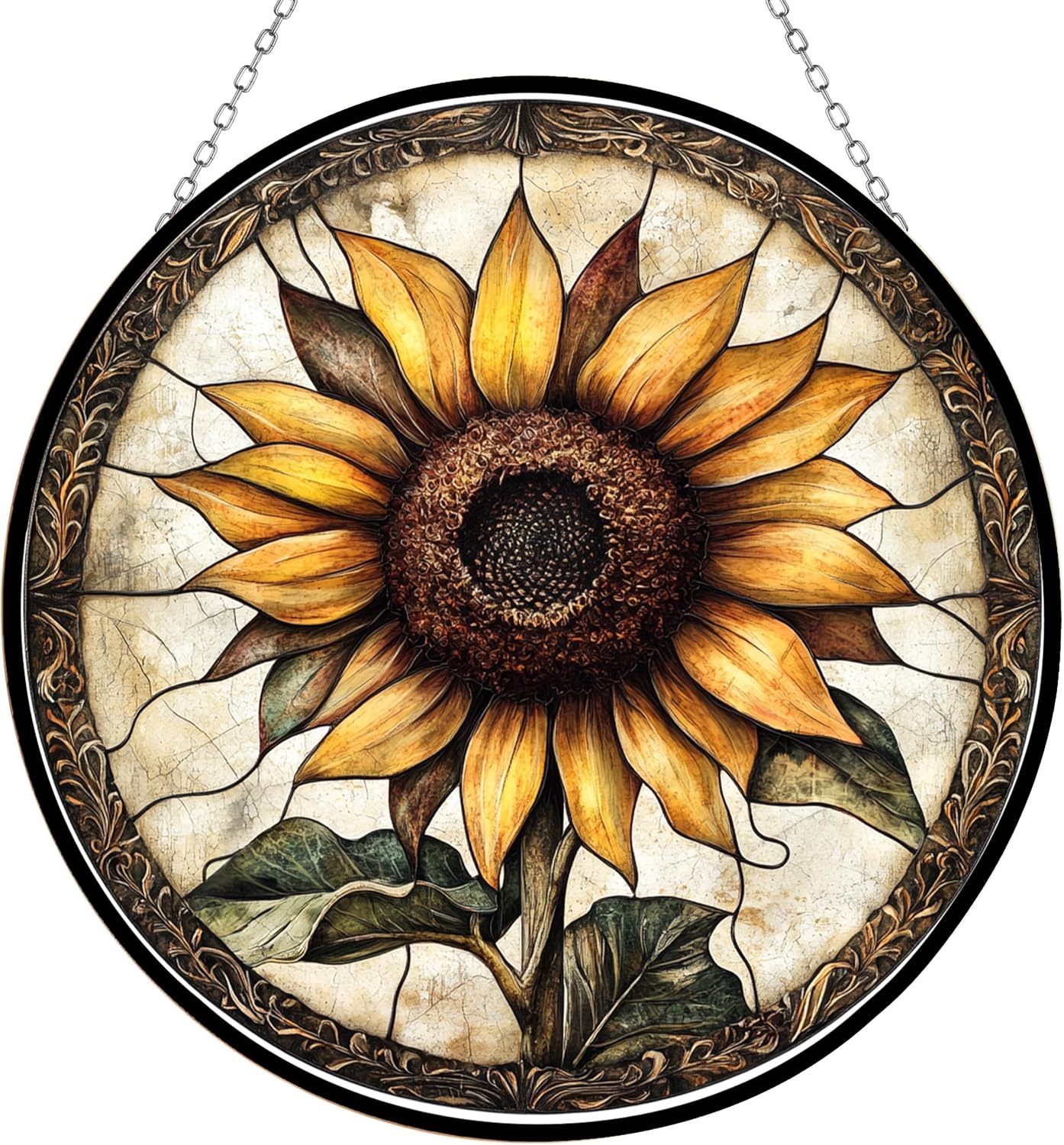 Stained Glass Suncatcher Vintage Sunflower 7.8 Inch Window Hanging Decor, Wall & home ornament, birthday holiday gift, fits indoor and outdoor display