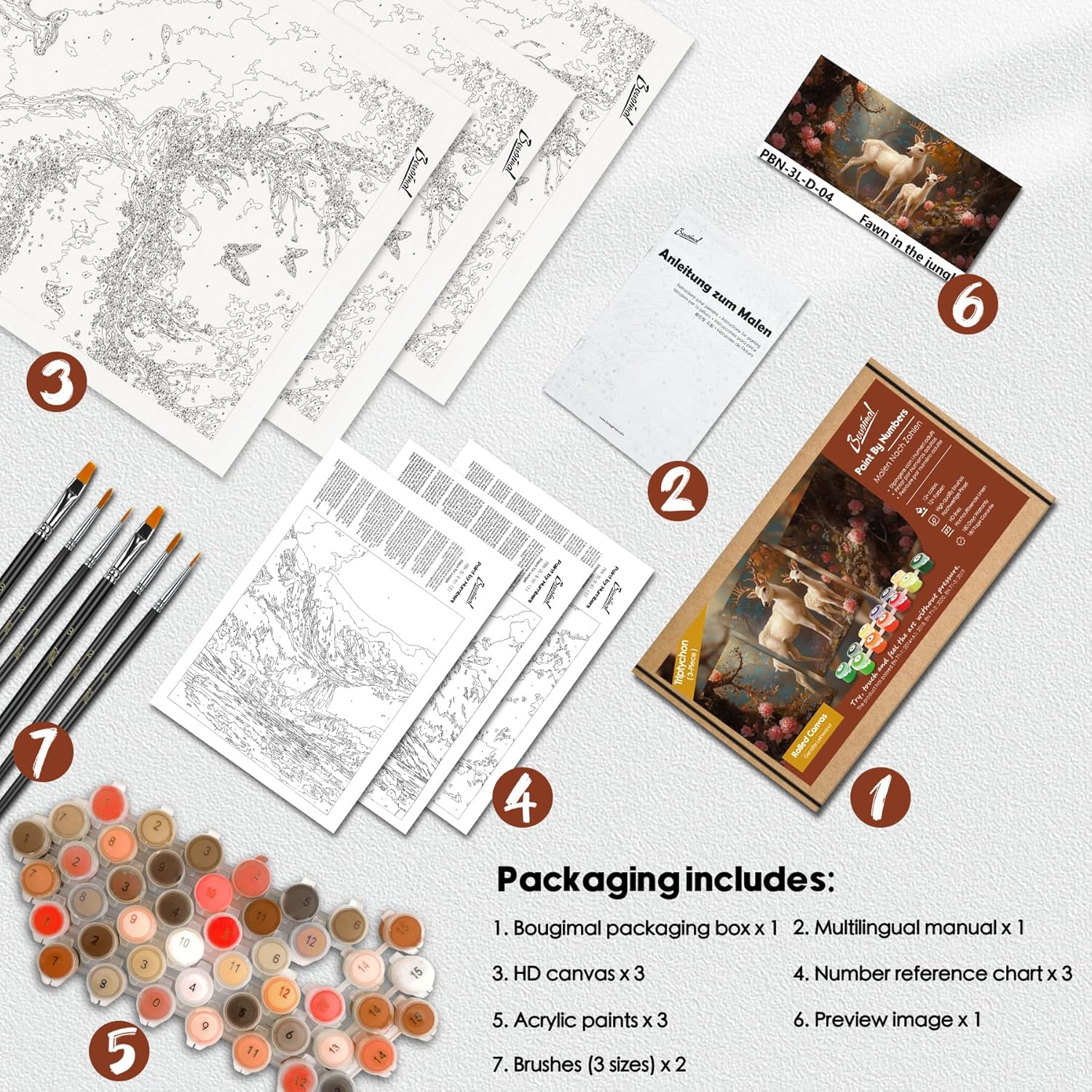 Bougimal 3 Pack Paint by Numbers for Adults, Triptych DIY Acrylic Painting Kit with Paintbrushes, Acrylic Pigment for Beginners, 16" W x 20" L - Deer in a Flower Bush(Without Frame)