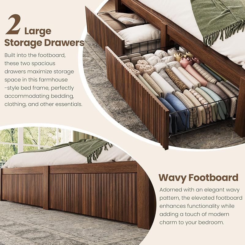 CypBed Queen Size Bed Frame with Headboard and 2 Storage Drawers, Walnut image 5