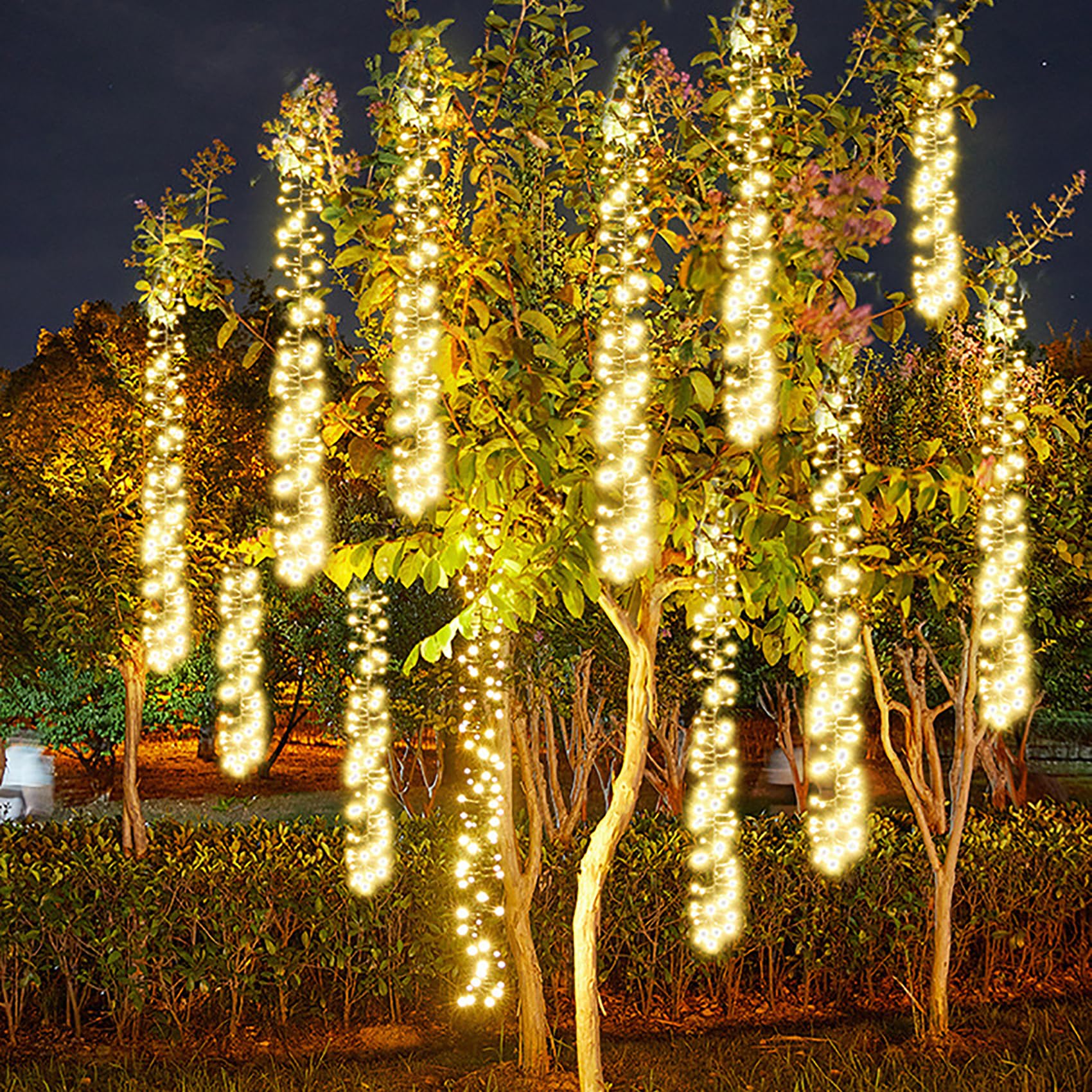 Solar LED Cluster Lichterkette 1.5M 360 LED Lichterkette Außen 3 Stränge Büschellichterkette Wasserdichte Meteorschauer Lichterkette für Weihnachtsbaum Party Garten (Warmes Weiß)