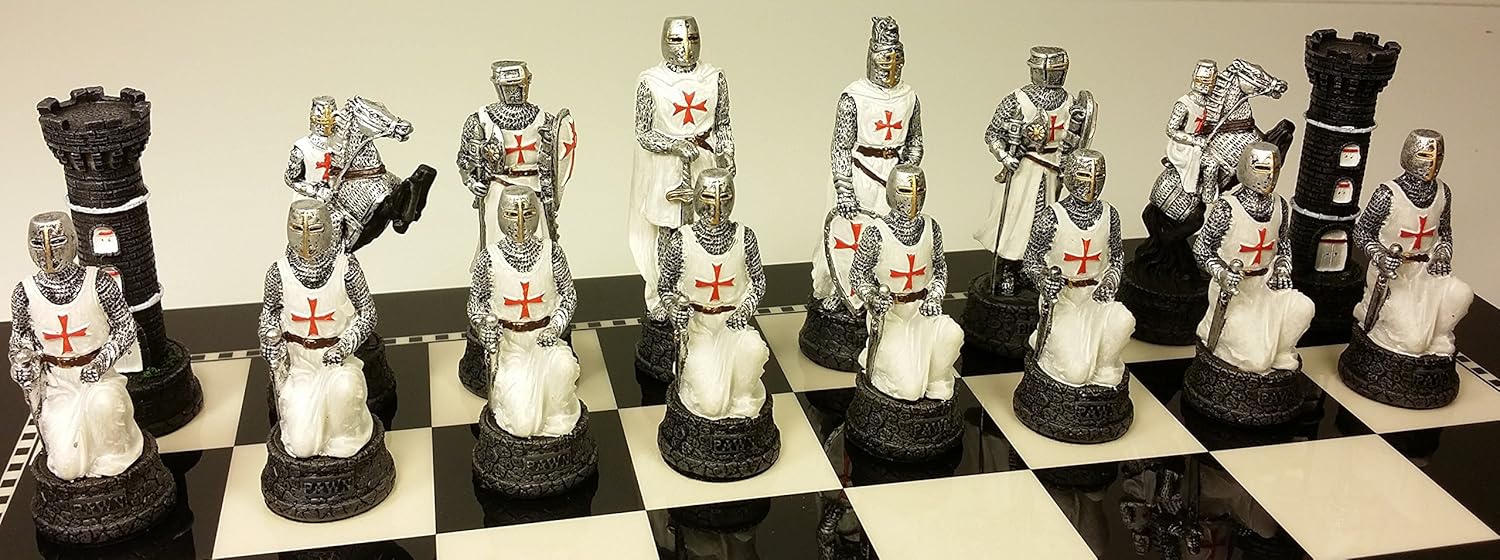 Medieval Times Crusades White & Blue Chess Set Hand Painted w/ Black & White Gloss Board