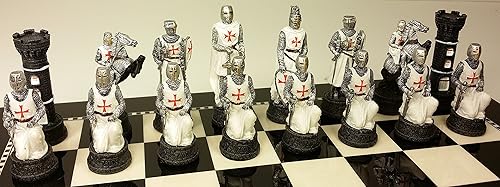 Miniatura 7 de Medieval Times Crusades - Juego de ajedrez blanco y azul pintado a mano con tablero brillante blanco y negro