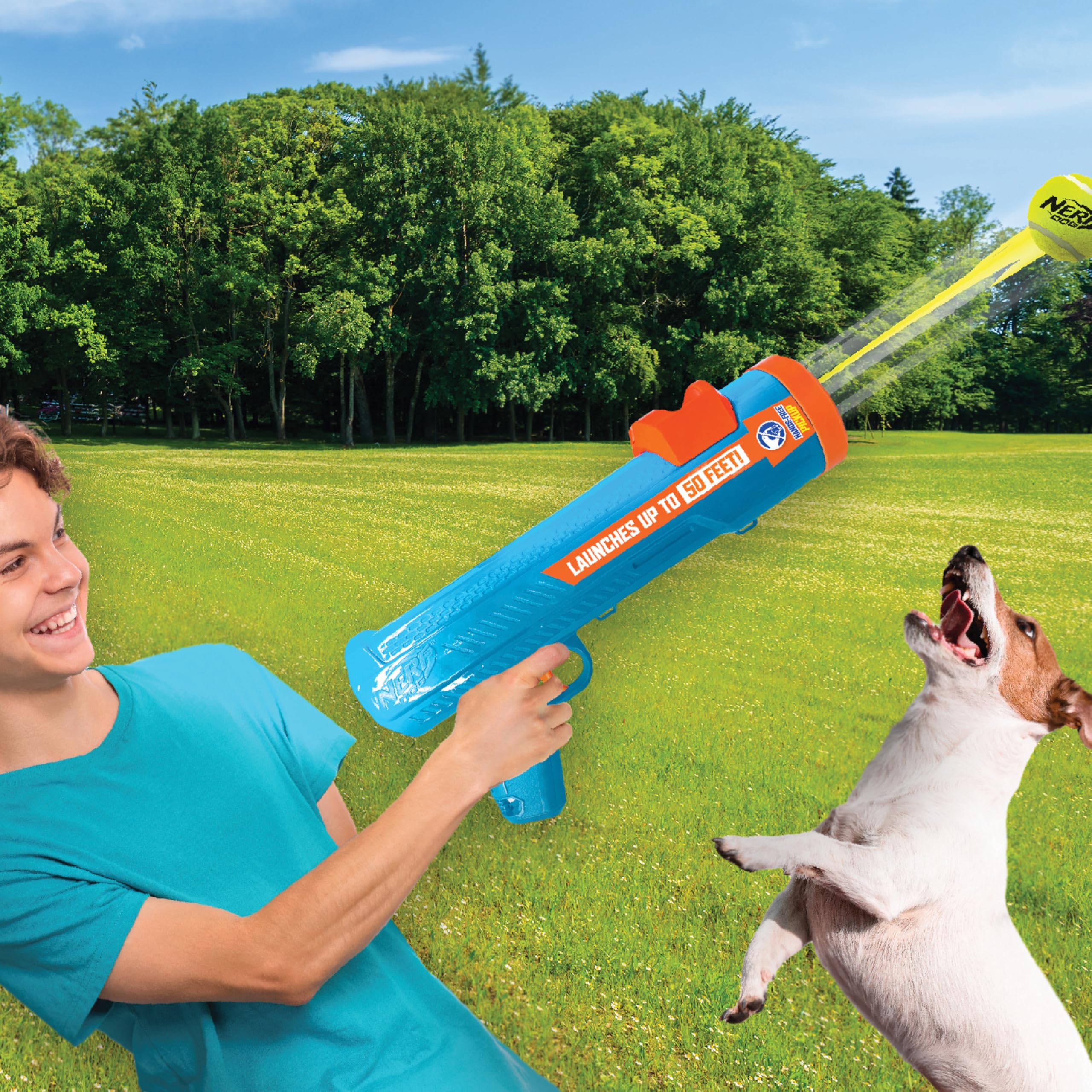 Nerf Dog 16" EXO Blaster ohne Kugelclip und 2,5 Zoll Nicht quietschender Tennisball 4er Pack Hundespielzeug - hellblau/orange und grün
