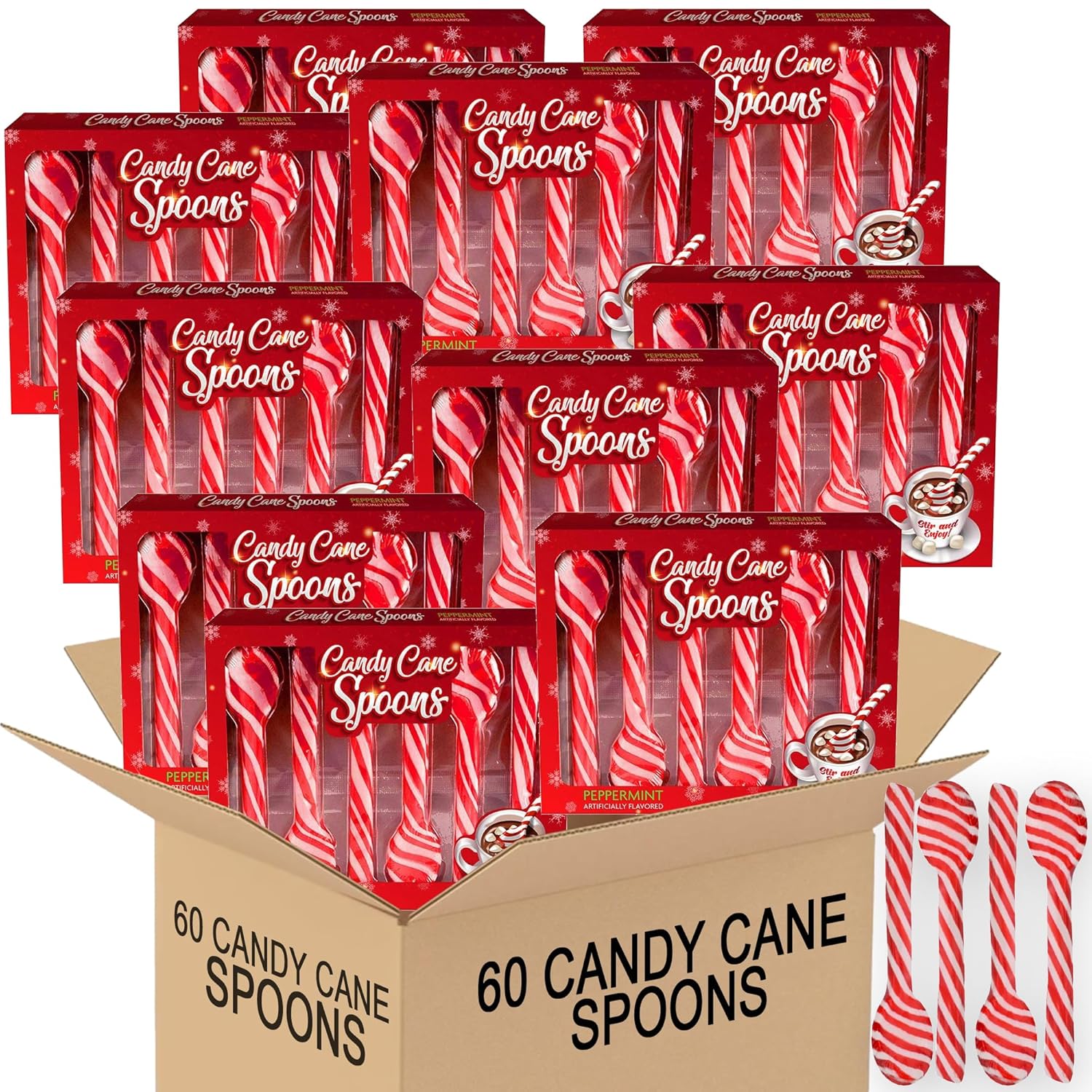 Candy Cane Spoon Peppermint Edible Stirring Stick 60 Pack | Individually Packed Stirs Hot Chocolate Cocoa Coffee Tea - Holiday Gift Christmas Stocking Stuffer Party Favor