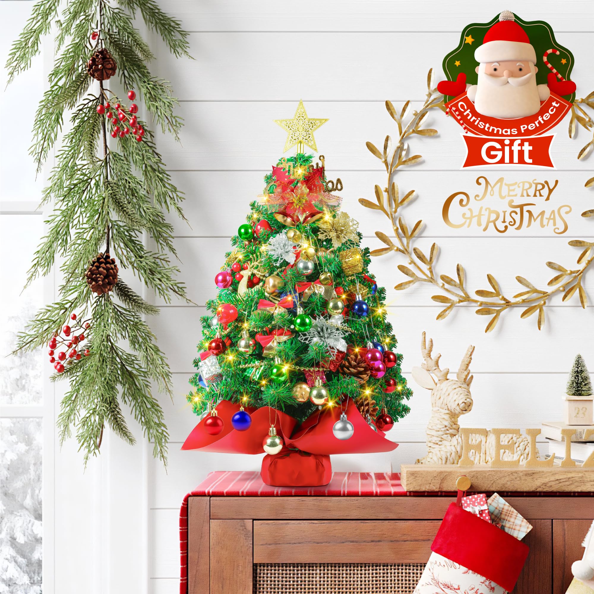 Mini sapin de Noël de 0,6 m avec lumières, sapin de Noël de table pré-éclairé avec 100 branches et plus de 80 décorations à faire soi-même, décorations de Noël d'intérieur et cadeaux pour homme et