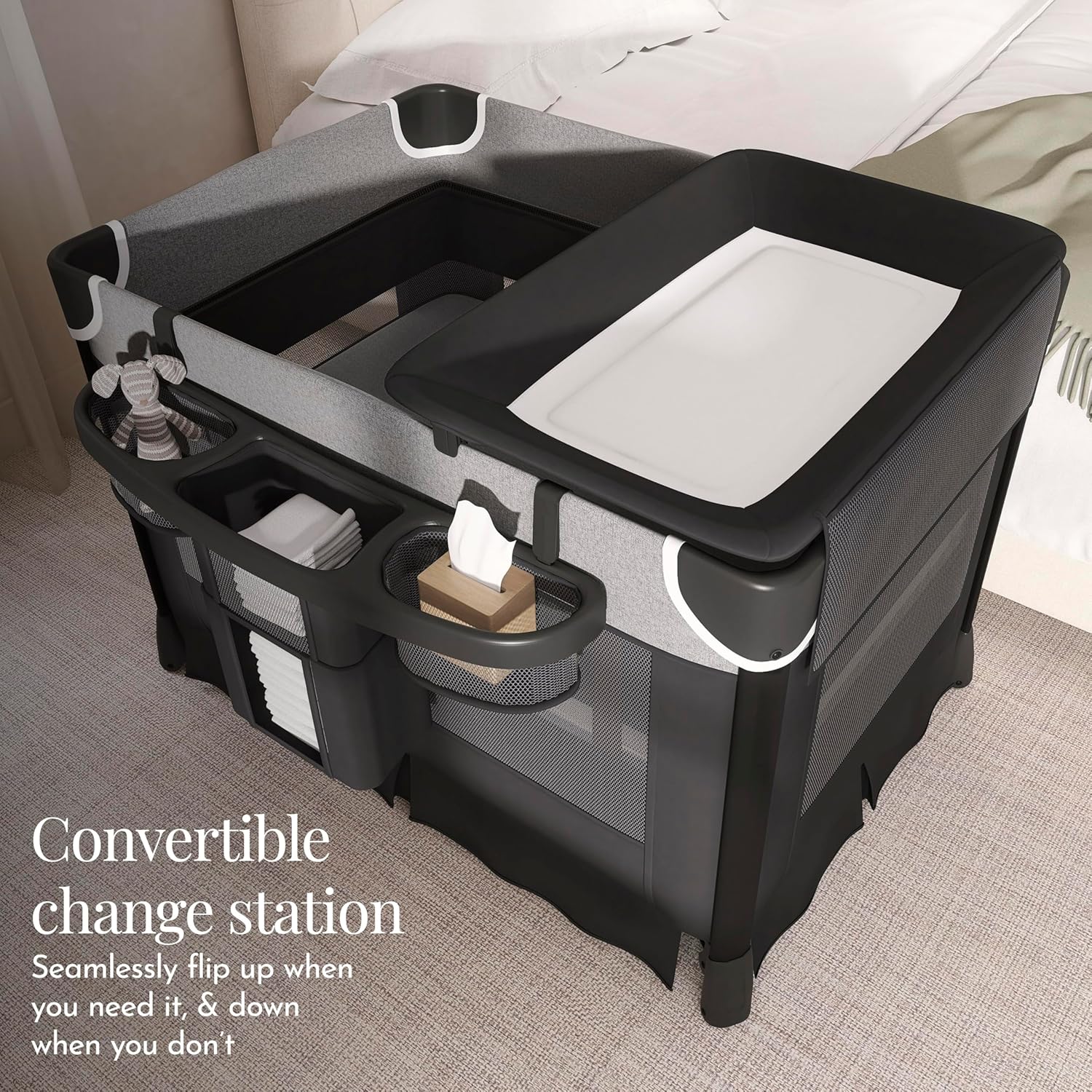 Evolur Cozy Cove All-in-One Portable Playard with Bassinet & Changing Table – Quick-Fold Travel Playard with Breathable Mesh Sides (Newborn–Toddler)