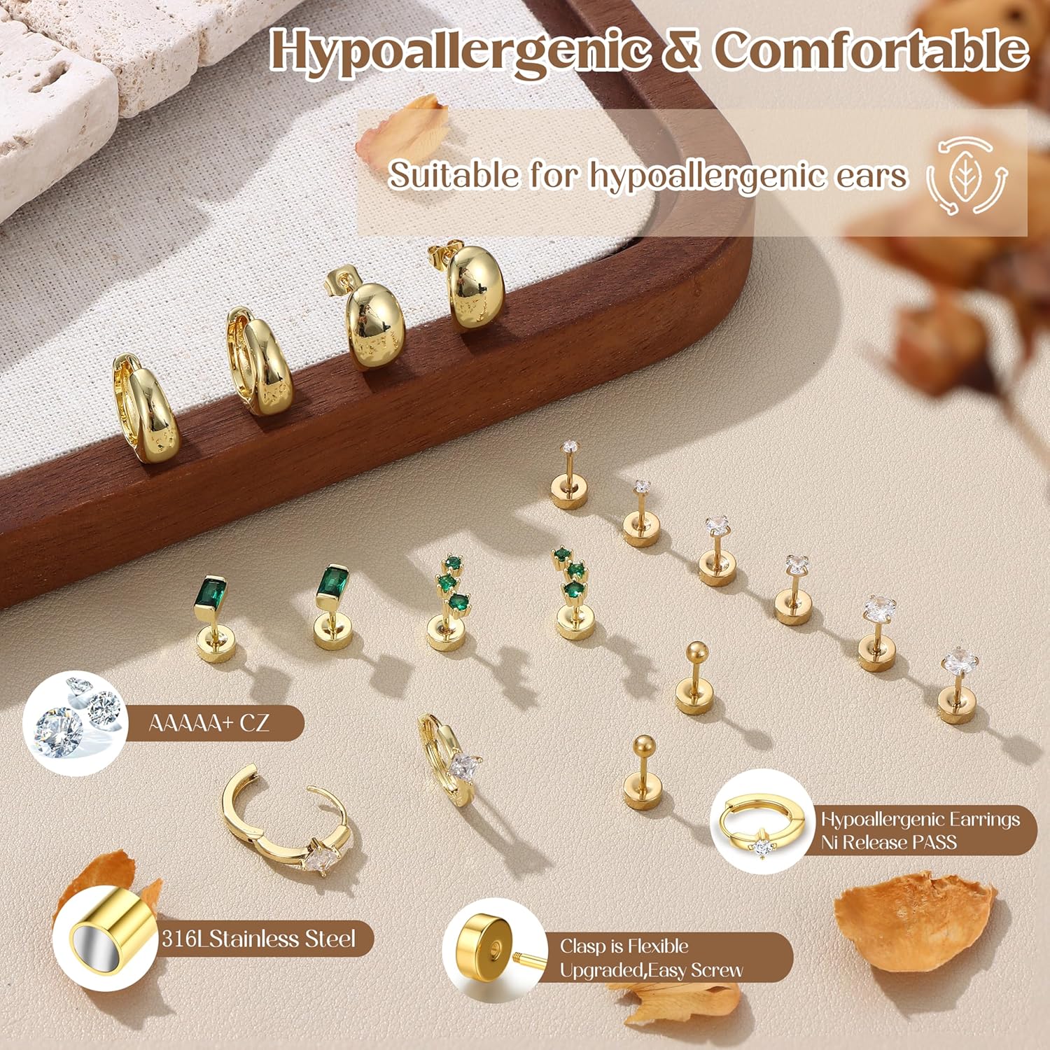 Fansilver Hypoallergenic Flat Back Gold Earrings for Women-14k Gold Surgical Stainless Steel Stud Hoop Earrings for Sensitive Ears Dainty Small Huggie Hoops Cartilage Earring Stacks - Image 6