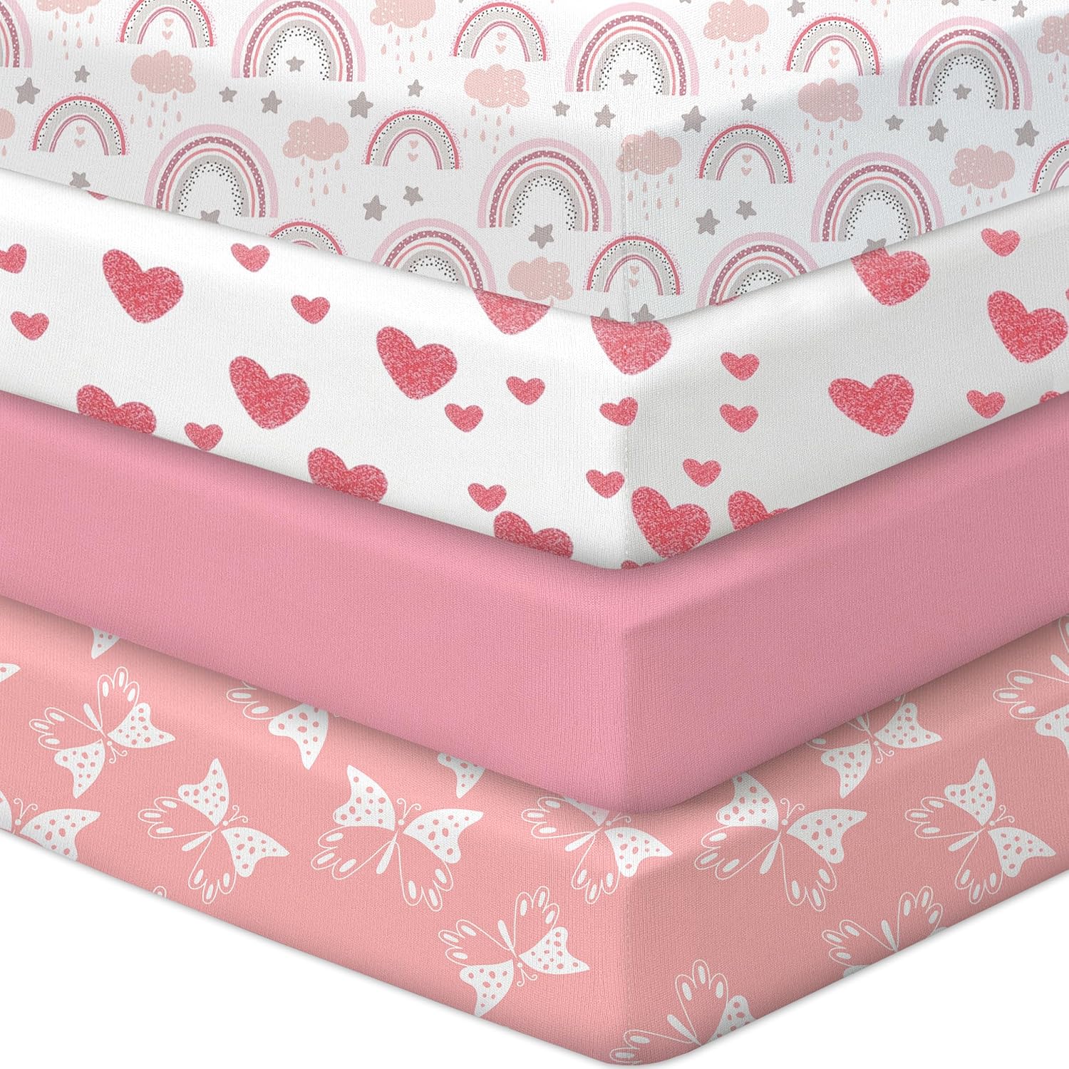 Baby Crib Sheets 4 Pack for Boys and Girls Fit for Standard Crib Toddler Mattress Breathable Soft Microfiber Baby Sheet 28x52x8in，Heart Shape & Pink Rainbow & Butterfly & Pink：Crib Sheets