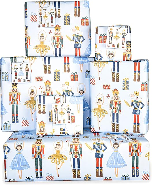 Set of 10 Nutcracker Christmas Gift Wrapping Paper with 6 Tags - Eco Friendly, Made in UK, 100% Recyclable -Designed for Women Men and Children by The Doodle Factory