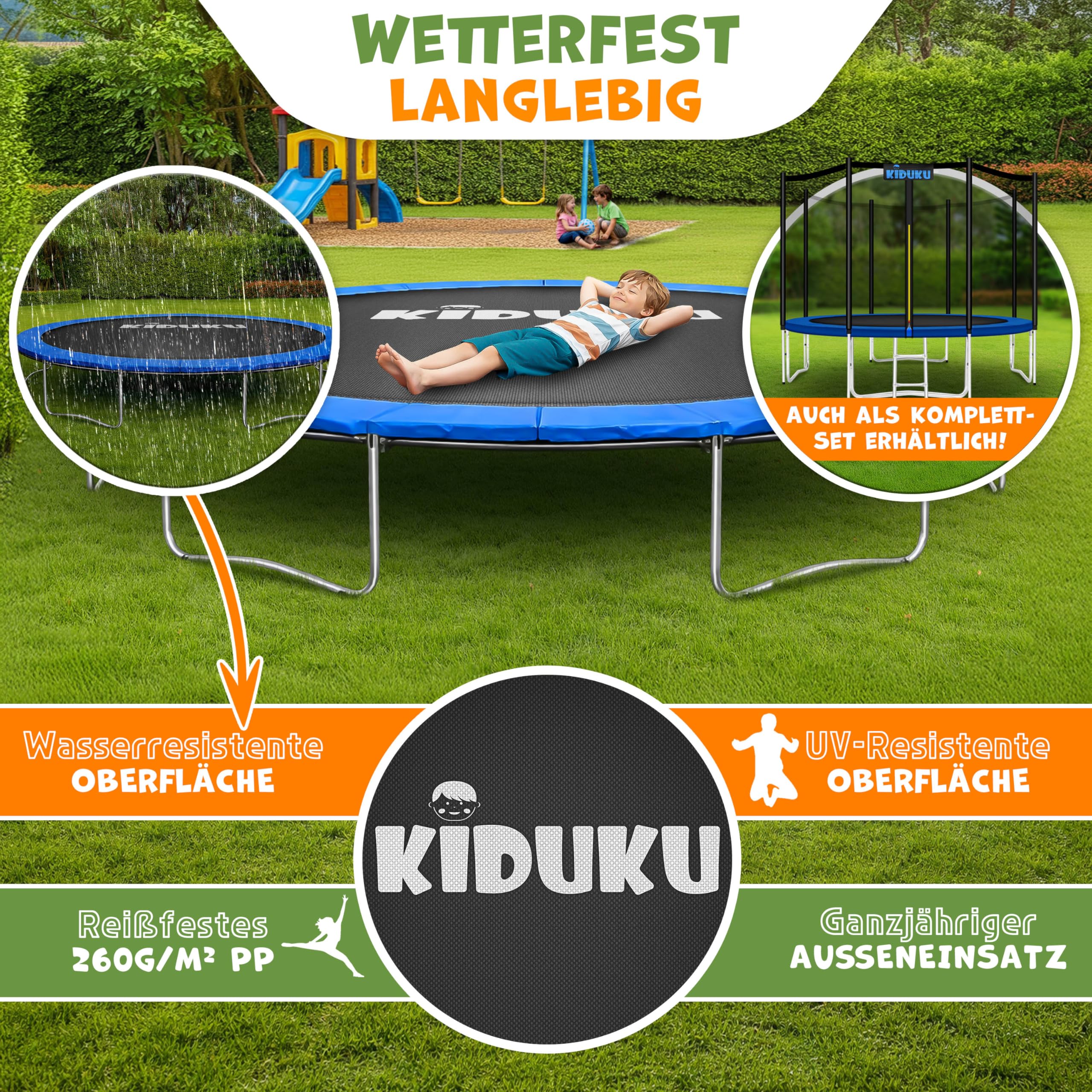 KIDUKU® Trampolin Sprungtuch Ø 244 305 366 427 cm | Ersatz Sprungmatte 48-96 Ösen UV-Beständig & Wetterfest | Zubehör Ersatzmatte Garten-Trampolin | Trampolinsprungtuch 260g/m² PP