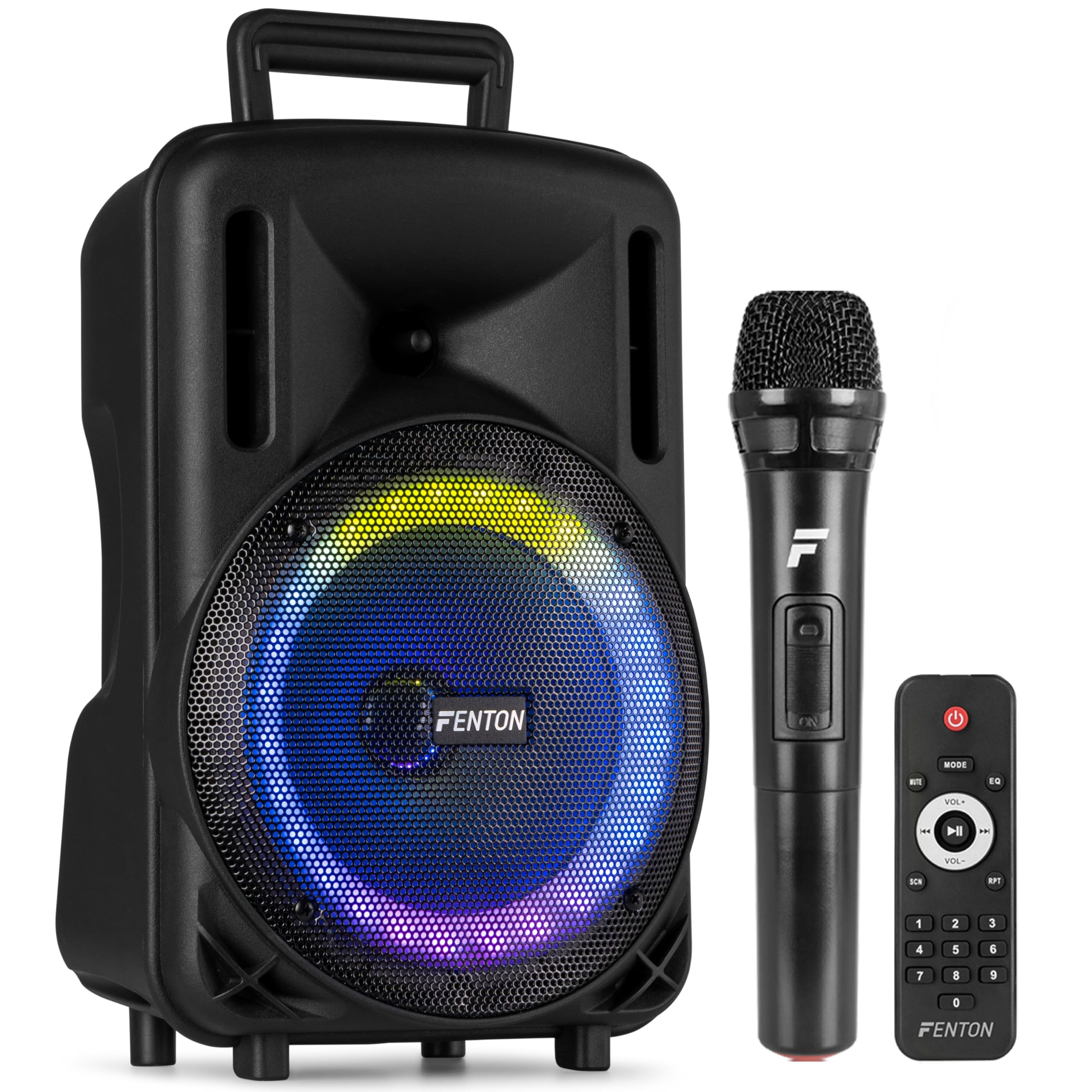Fenton FT08LED MK2 8" 300W Portable Active Speaker, Bluetooth, UHF Microphone, LED Woofer, USB/microSD, Aux Input, Talkover, Rechargeable Battery, Stereo Pairing, Tripod Cup 35mm