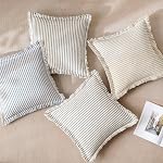 MIULEE Boîte de 2 Khaki Couvertures d'oreillers à jet rayé Coussin de canapé Couvres avec lin de frange Étui décoratif Accent avec des tassels pour canapé Salon Lit à la maison Decor 18x18 1 cm