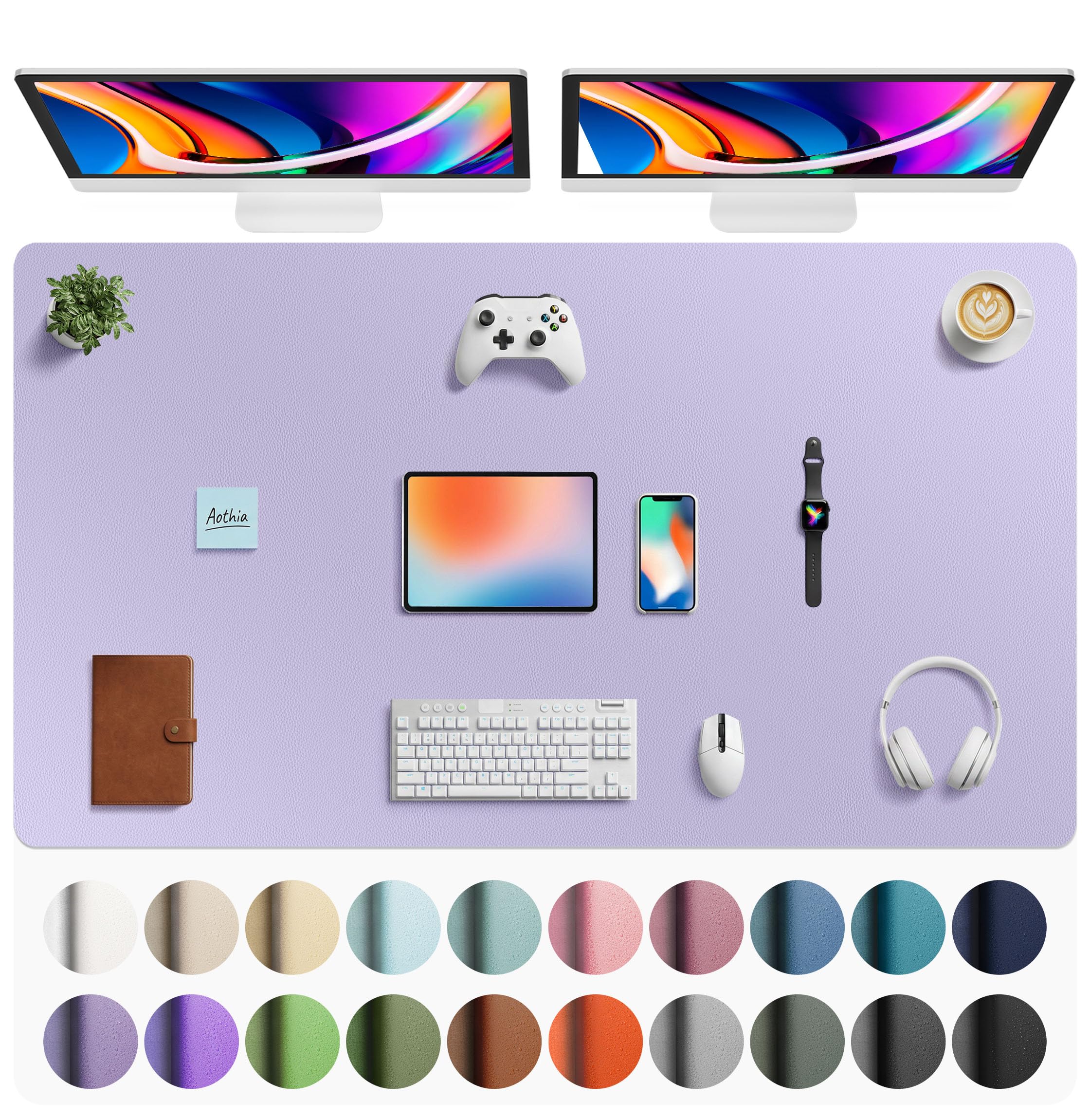 Aothia Faux Leather Desk Mat - Large Mouse Pad, Non-Slip PU Leather Blotter, Waterproof Writing Surface for Office and Home (Lavender, 63" x 24")