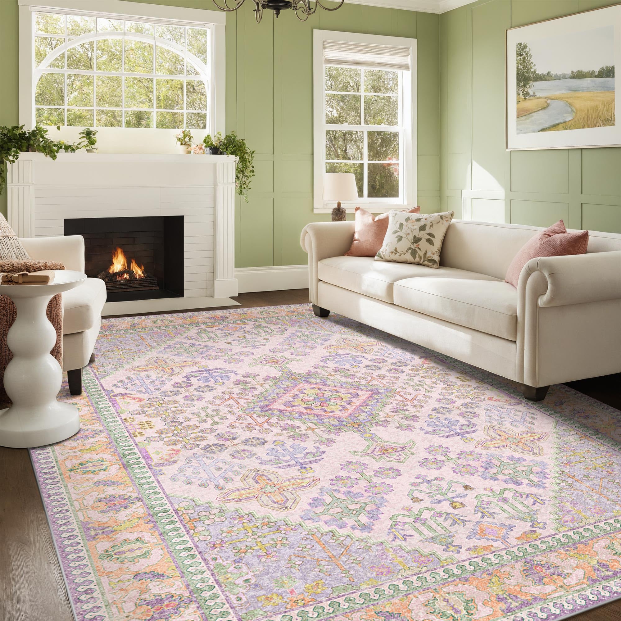 5x7 Boho Machine Washable Low Pile Area Rugs for Living Room Lilac Lavender