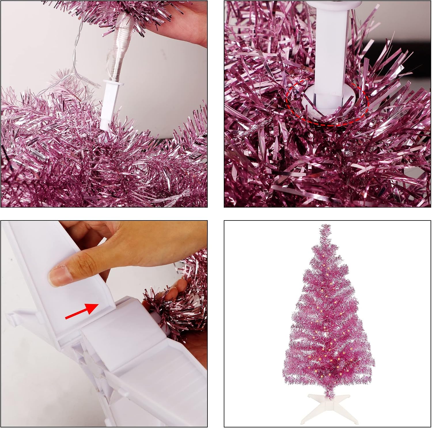 Juegoal 4 FT Pre-lit Artificial Christmas Tree, Lighted Pink Tinsel Pencil Pine Spruce Trees with 70 Warm White LED Lights, 8 Lighting Mode & Timer Function for Xmas Holiday Winter Home Party Decor