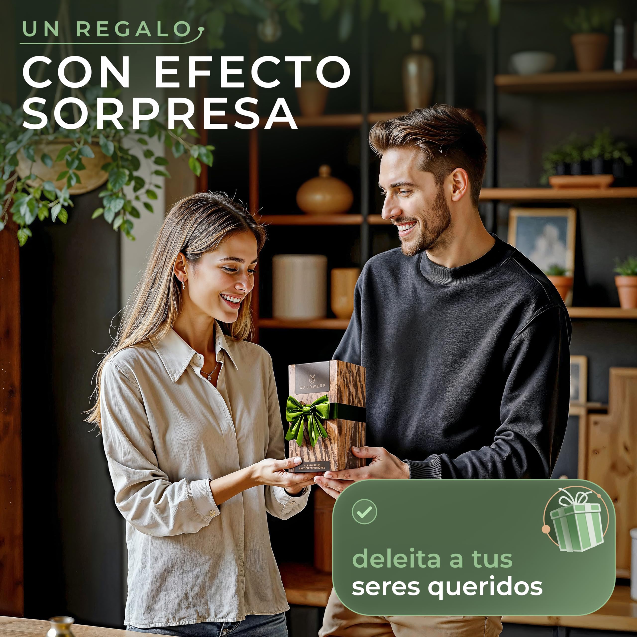 WALDWERK Juego de Molinillos de Pimienta y Sal Eléctrico (batería de 300 mAh) – Molinillo Pimienta electrico con soporte elegante de acacia – Set de Salero y Pimentero electrico