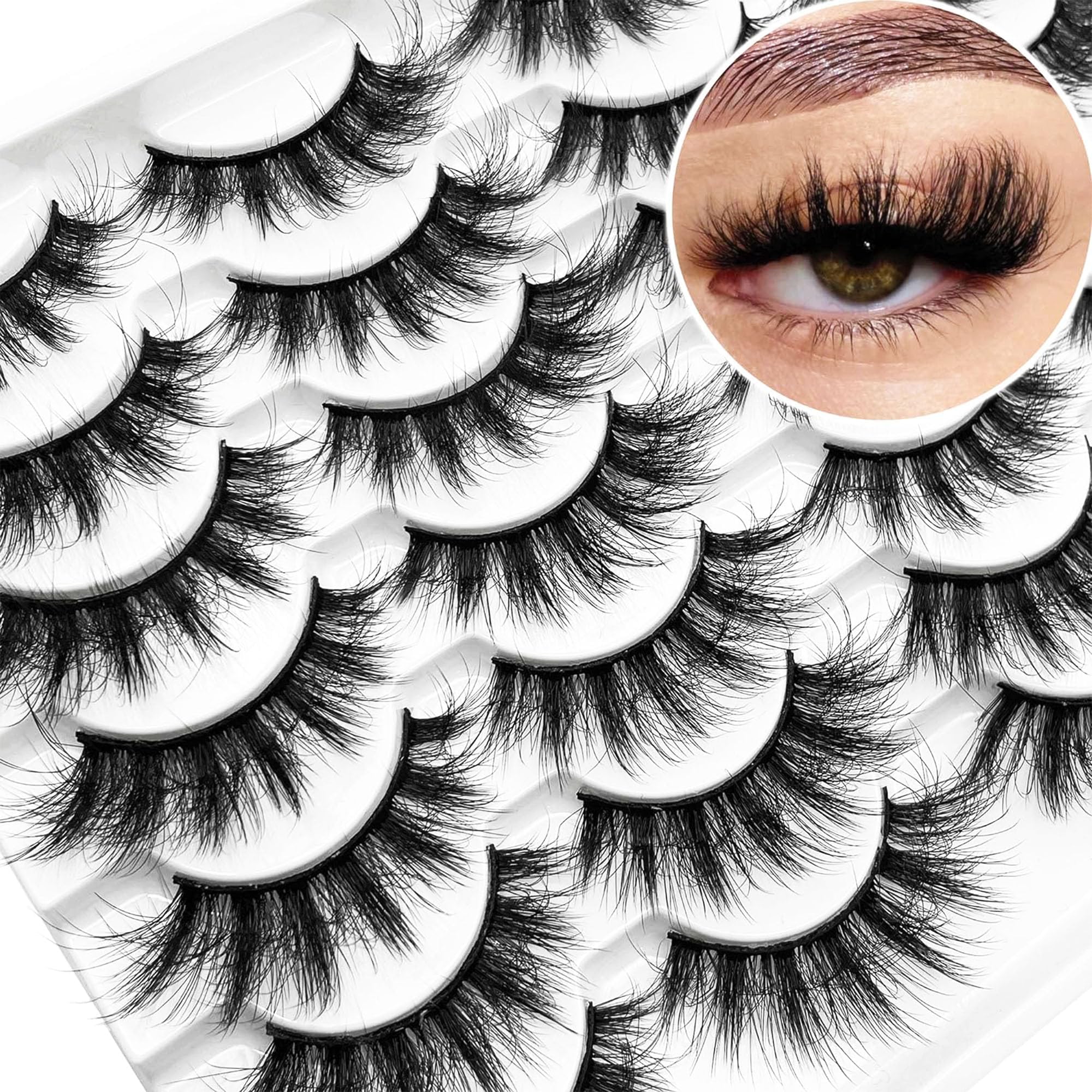 YASNAIFalse Eyelashes Fluffy Faux Mink Lashes, Natural Eyelashes, 14 Pairs Pack 9D Wispy Cat Eye Fake Lashes