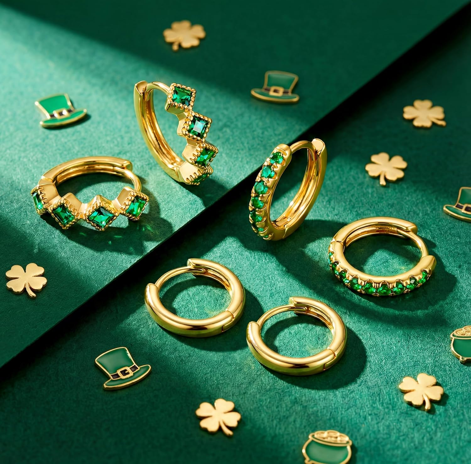 Gelbesty 3 Pairs Gold Black Green Huggie Earrings for Women Stackable, Small Dainty Cartilage Helix Hoops & Hypoallergenic Earring Set, Cute Western Trendy Fashion Jewelry St. Patrick's Day Gifts - Image 3