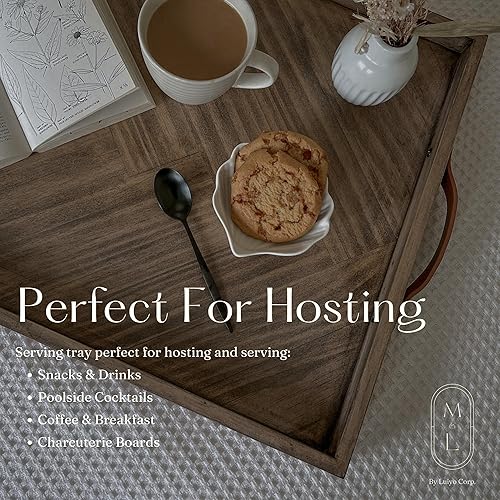 Miniatura 6 de LUIYO Bandeja grande de madera otomana, con mango de cuero, decorativa de madera, 24 x 24 x 1.5 pulgadas, bandeja cuadrada para servir mejor para