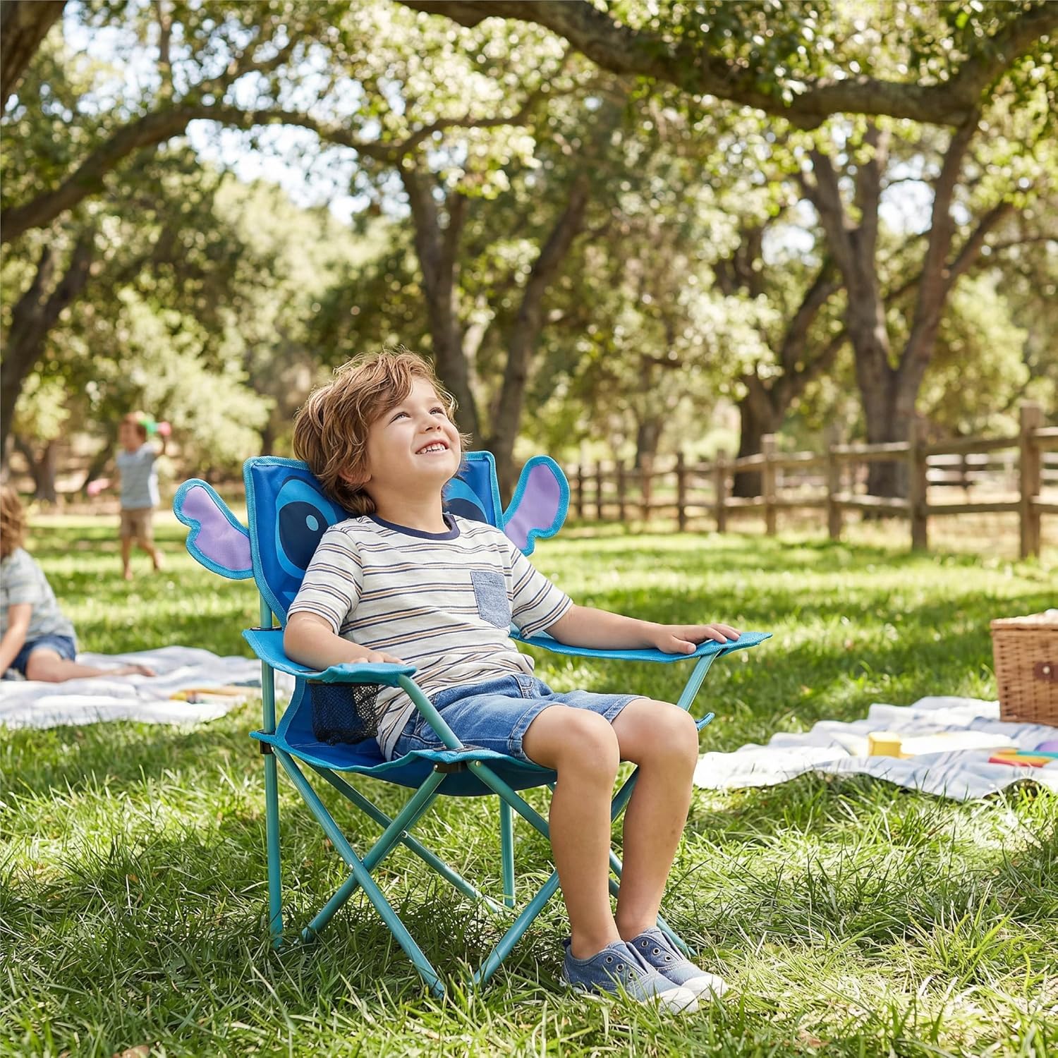 Disney Stitch Figural Folding Camp Chair for Kids, Portable Outdoor Chair with Carrying Case, Lightweight and Durable, Indoor/Outdoor Seating for Ages 3+, Perfect for Camping or Backyard
