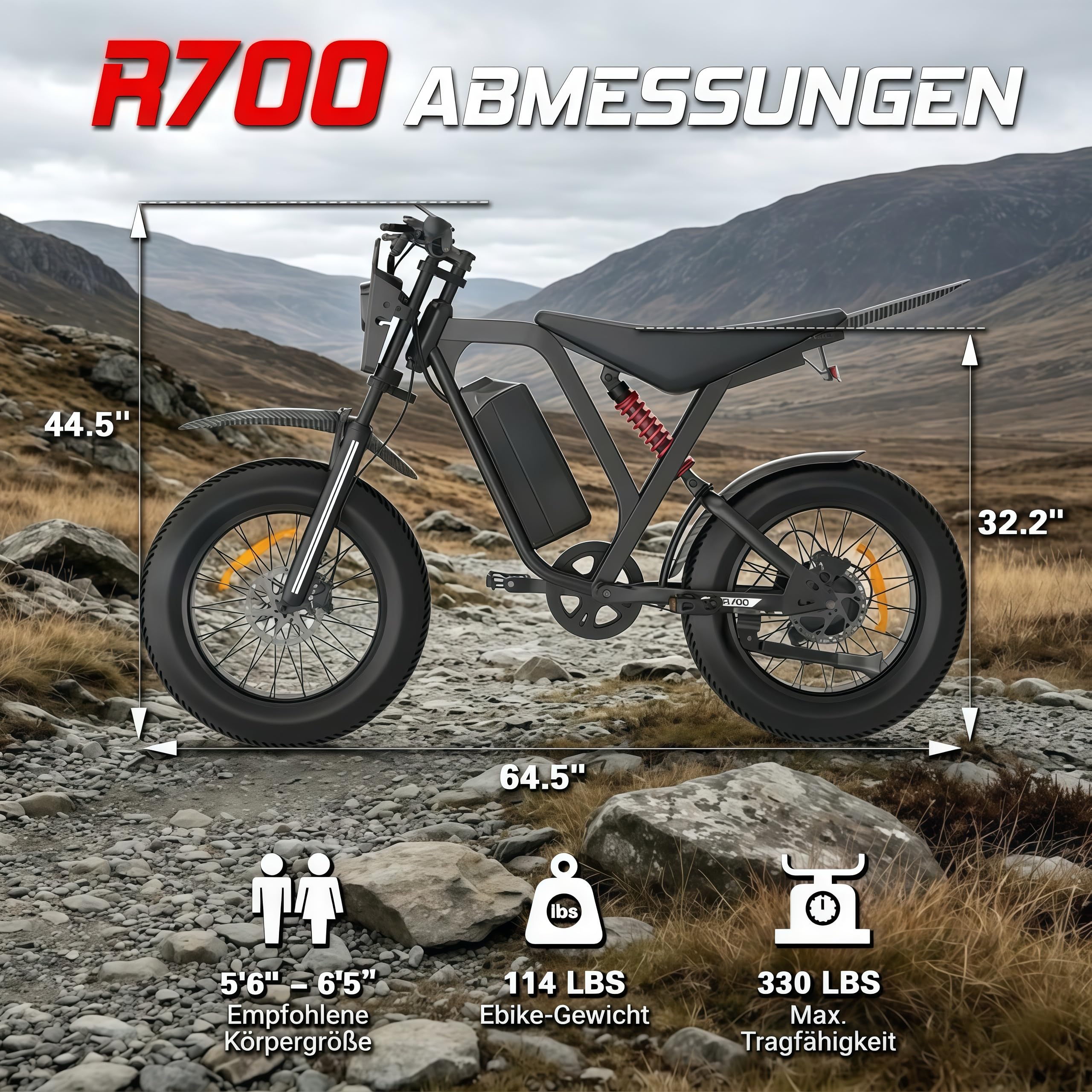 R700 E-Bike Für Erwachsene, 52V 25Ah Abnehmbarer Akku, Bis Zu 70-115KM Reichweite, Hydraulische Scheibenbremsen, 20 Zoll Fat Tire, Shimano 7-Gang, All-Terrain