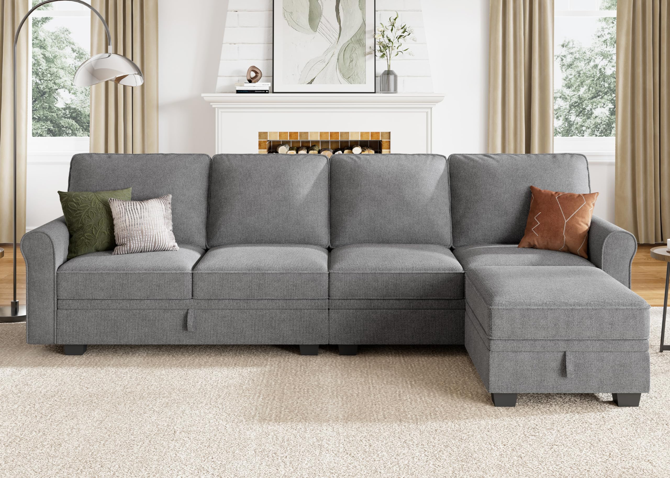 HONBAY L Shaped Sectional Couch with Storage Seat, Reversible Chaise - Small Sectional Couch for Living Room, Light Grey