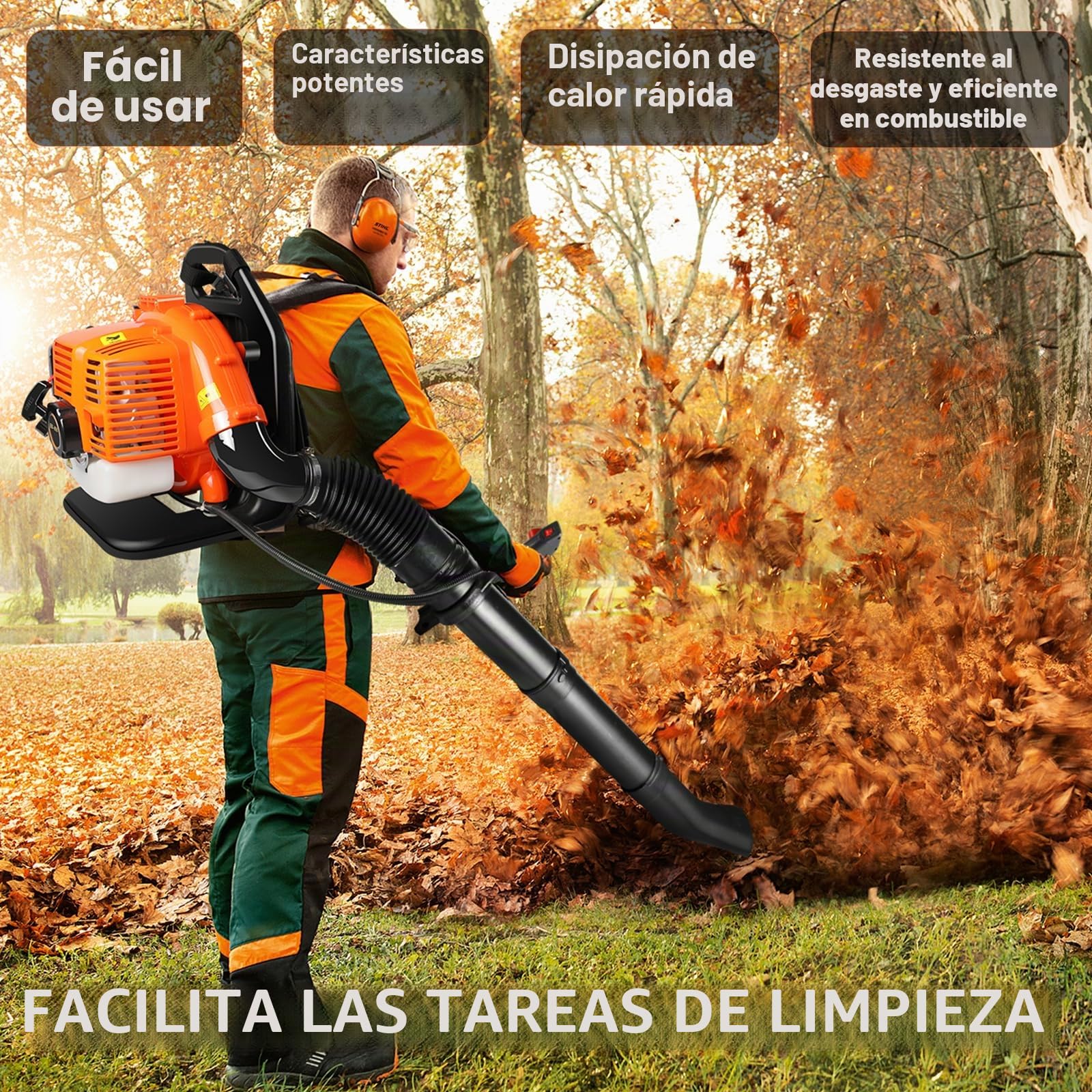 LabTEC Soplador de hojas a gas de 2 tiempos, soplador de hojas de mochila de gasolina de 43 cc, soplador de jardín inalámbrico de velocidad ajustada para limpiar patios, hojas, corte de hierba