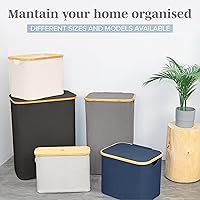Vista 6 de Cesta de lavandería Lonbet con tapa, fabricada con tela transpirable Cestas estéticas para ropa con asas laterales y marco de bambú resistente