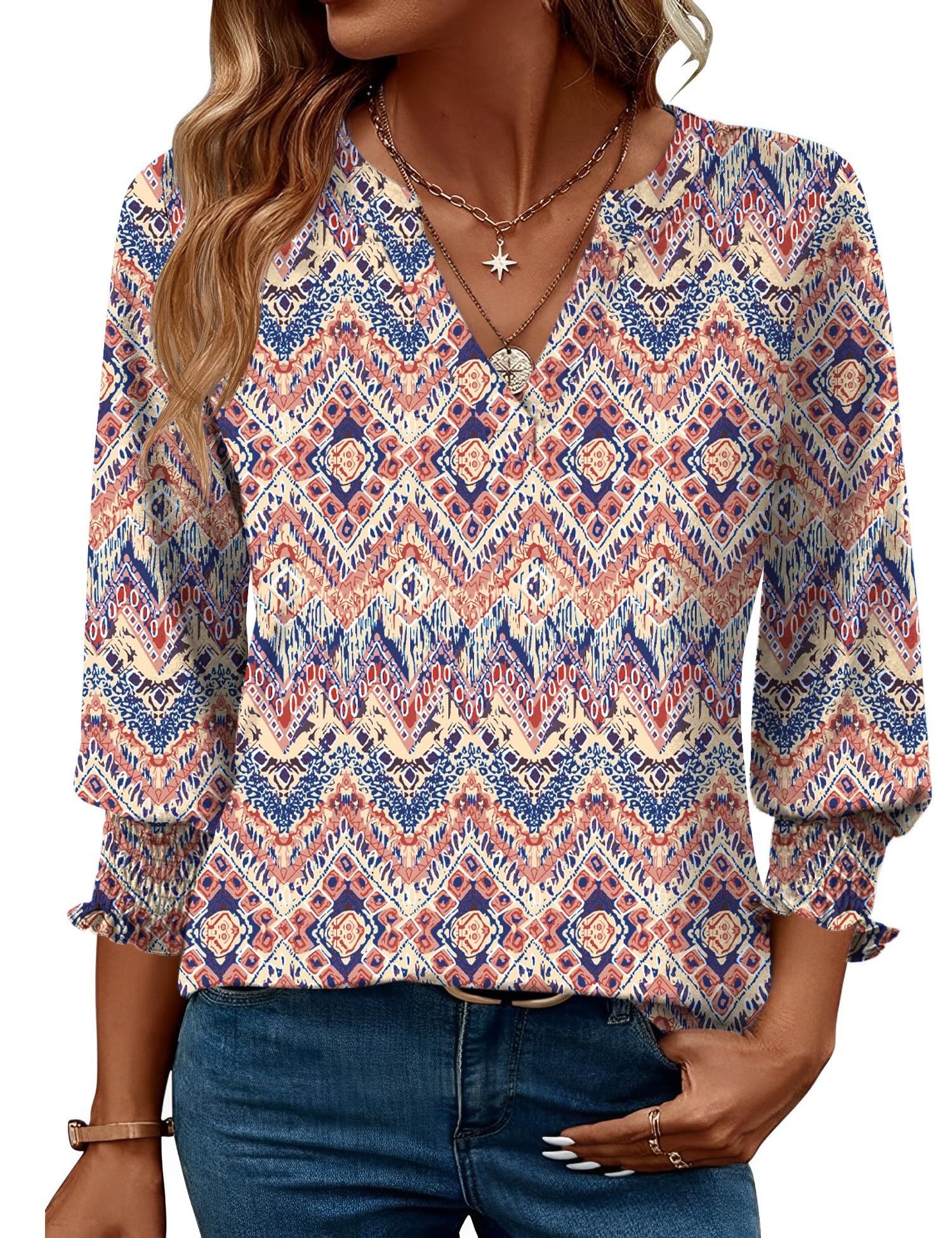 Rapbin Damen Bluse 3/4 arm Langerm V-Ausschnitt Tunika Sommer Tops Locker Shirt Elegant Lässig Oberteil Blusen 2026