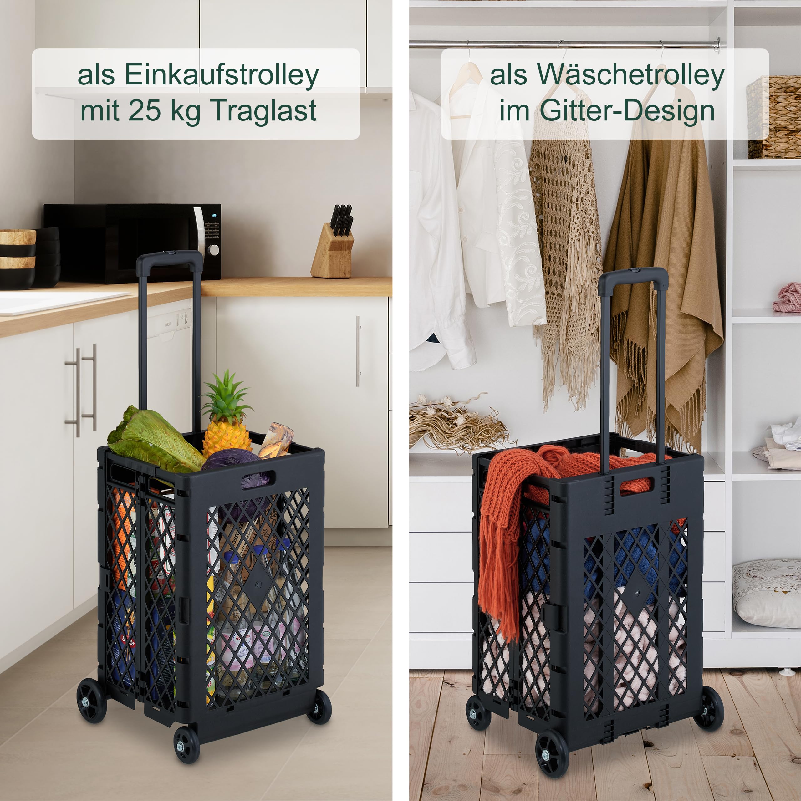 Relaxdays Einkaufstrolley klappbar, Einkaufskorb mit Rollen, bis 25 kg, Teleskopgriff, Gitter, hohe Rollkiste, Farbwahl