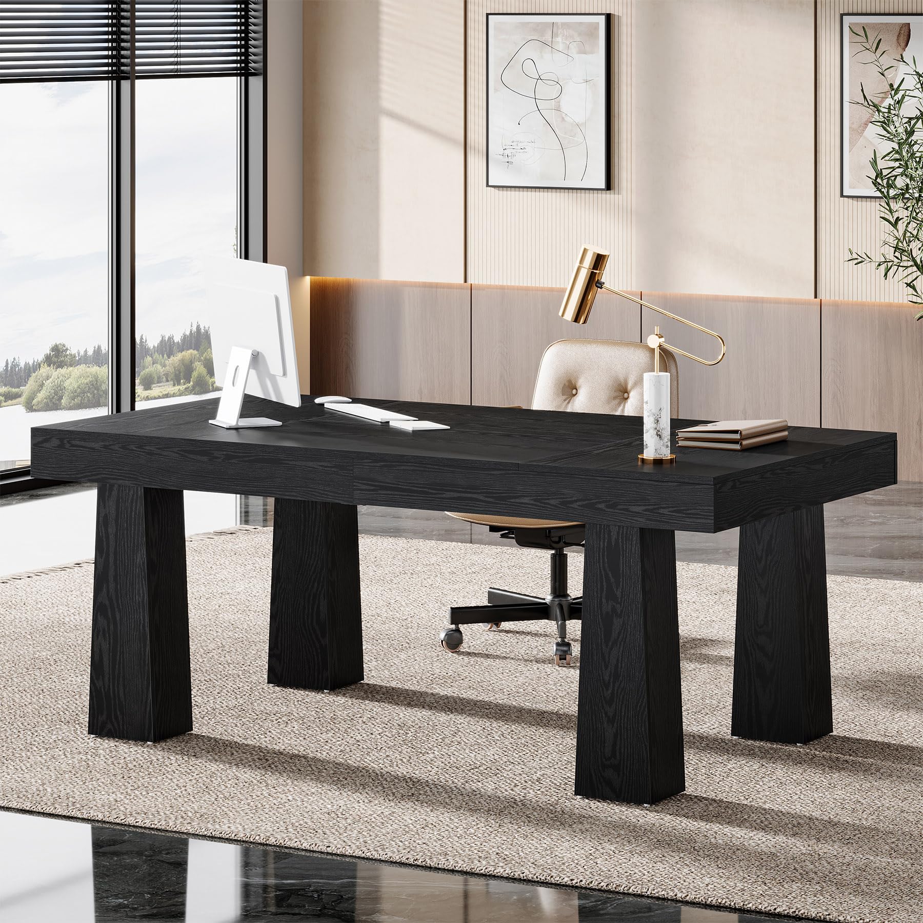 Tribesigns Escritorio, 160 × 80 cm, Mesa de Reuniones Rectangular Industrial Moderna Robustra con 4 Patas Cónicas, Escritorio Negro para Estudio Trabajo Oficina Dormitorio Hogar