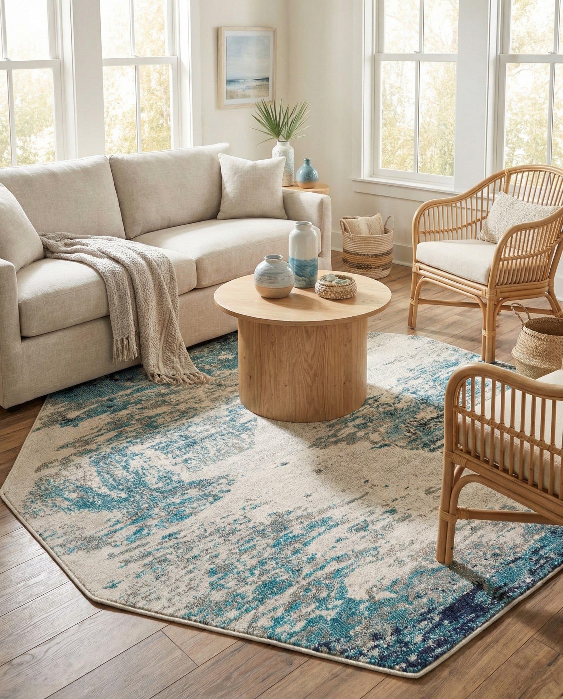 Rugs.com - Vivid Collection Rug – 5 Ft Octagon Blue Washable Rug – Modern Abstract Geometric Design for Living Room, Bedroom, Dining Area