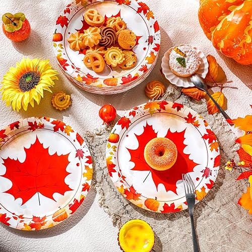 Miniatura 5 de 50 platos de papel de otoño de 9 pulgadas, platos de calabaza de Acción de Gracias, platos redondos de papel con hojas de otoño, platos desechables