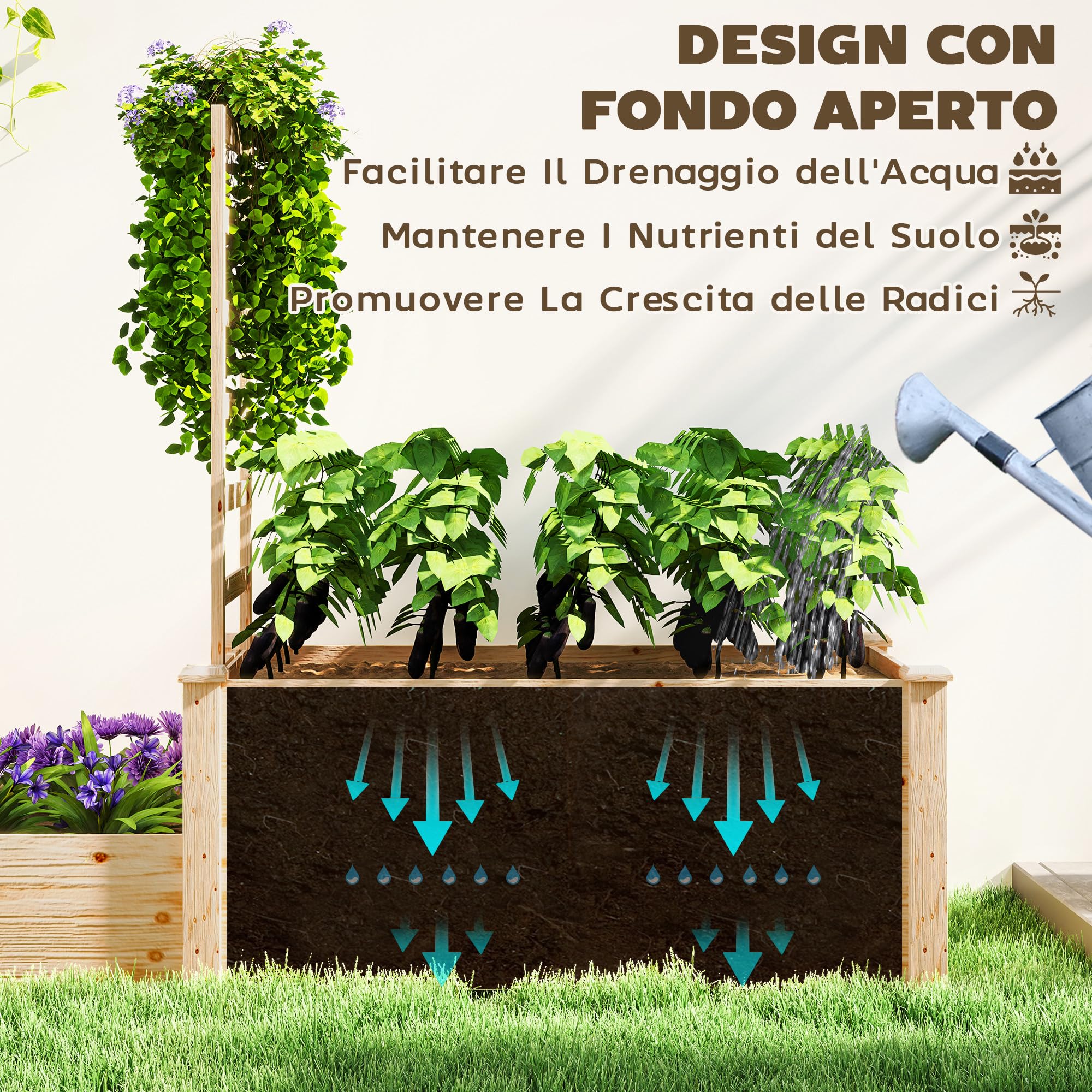 Outsunny Letto per Orto Rialzato da Esterno con Grigliato, Fondo Aperto e 2 Divisorio, Fioriera con Traliccio per Piante Rampicanti in Legno di Abete, per Balcone, 222x63x132 cm, Color Legno