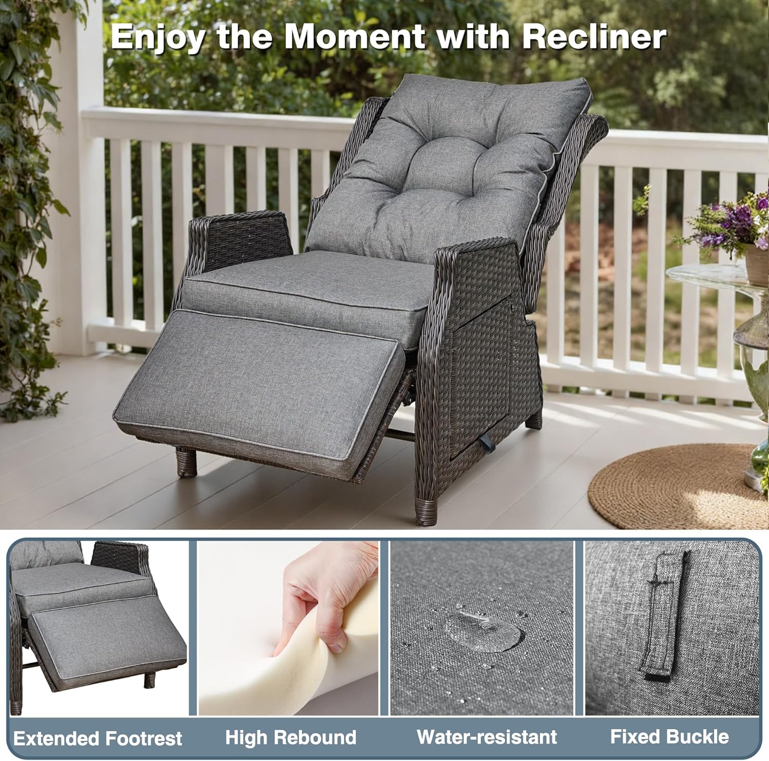 Outdoor Indoor Wicker Recliner with Adjustable Back and Footrest, Patio Reclining Chair with Flip-up Table, Outdoor Rattan Lounge Chair, Grey
