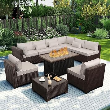Rattaner 10 Pieces Outdoor Sectional All-Weather Wicker Patio Furniture Set Patio Sectional and Steel Fire Table and Glass Patio Table Non-Slip Cushions and Waterproof Covers, Beige