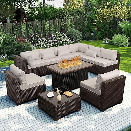 Rattaner 10 Pieces Outdoor Sectional All-Weather Wicker Patio Furniture Set Patio Sectional and Steel Fire Table and Glass Patio Table Non-Slip Cushions and Waterproof Covers, Beige