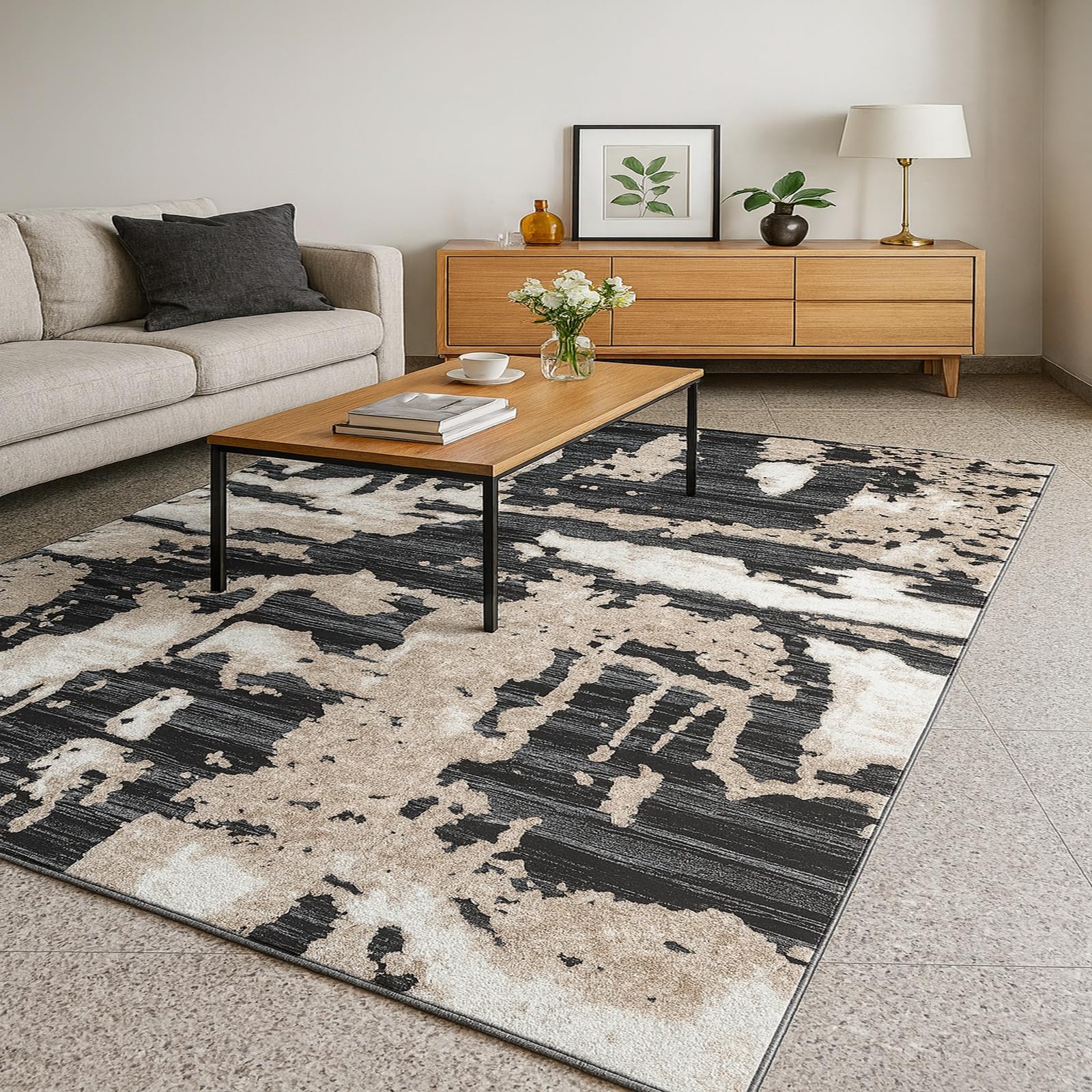 Grand tapis facile d'entretien pour salon et chambre motif abstrait moderne