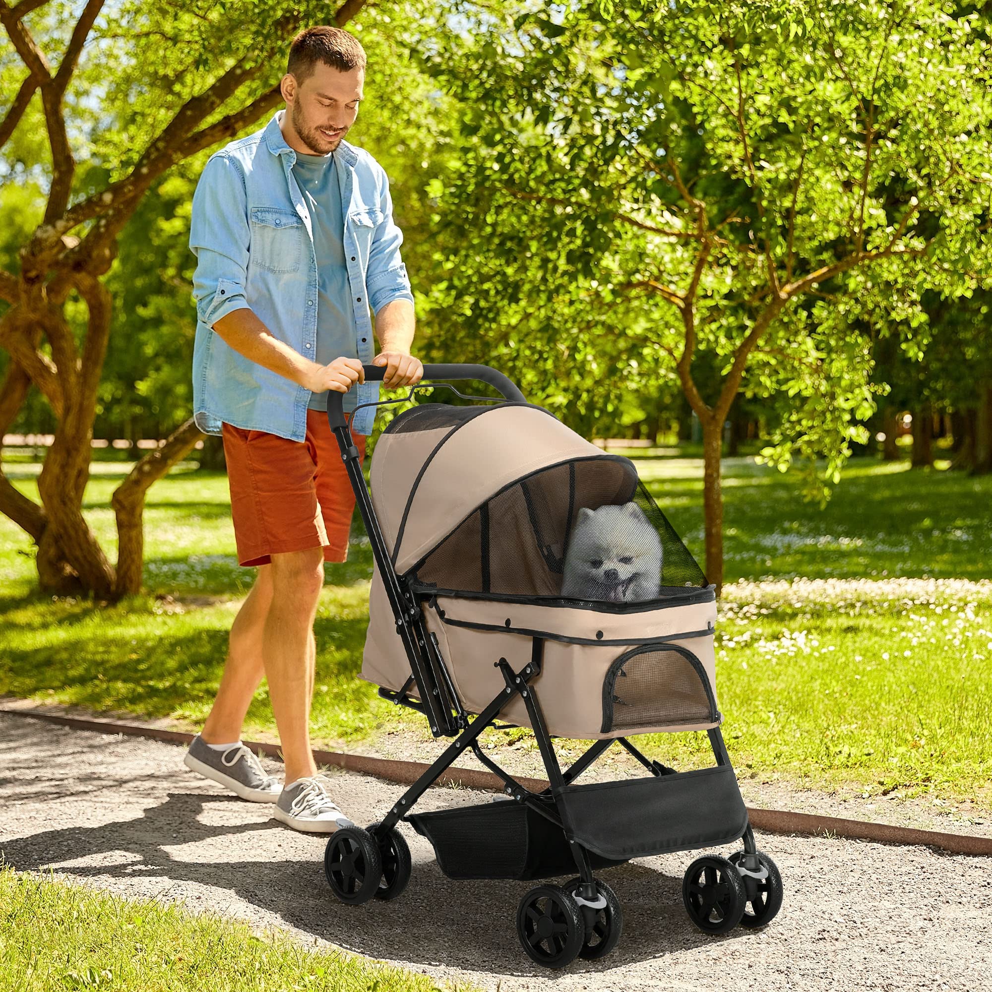 PawHut Passeggino per Cani Piccoli Pieghevole con Maniglione Girevole Ruote con Freni in EVA, Passeggino Cane con Cestino Portaoggetti, 76.5x52x95cm, Marrone Chiaro