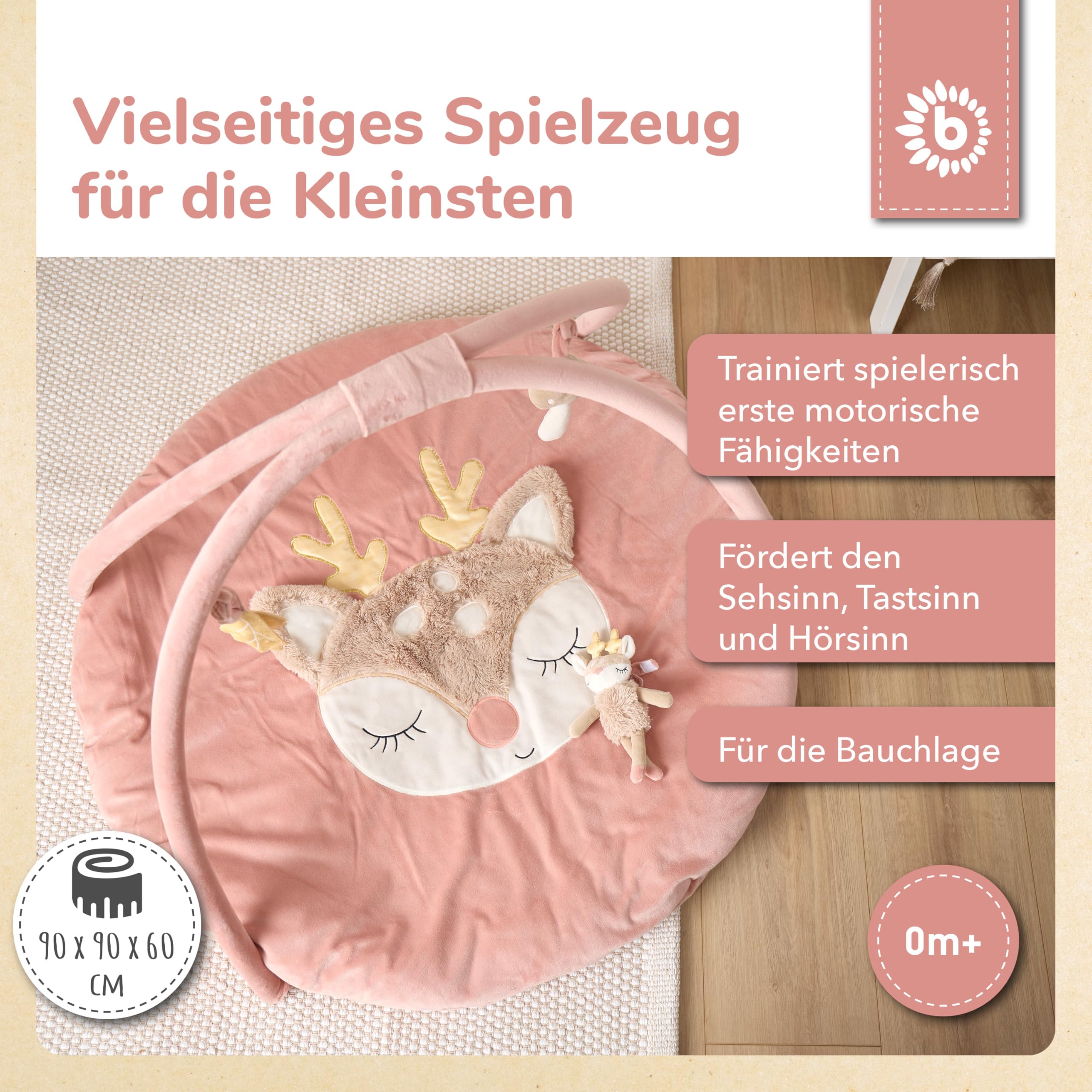 Bieco Spieldecke mit Activitybogen Reh Ella | Babydecke Reh Ella | Baby Krabbeldecke mit Spielebogen | Babies Activity Decke Boden Baby Gym Spielmatte