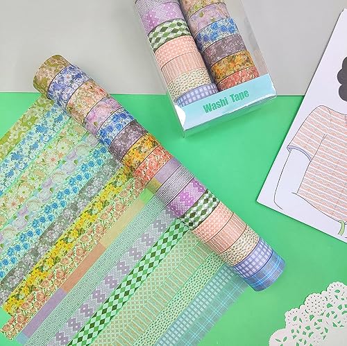 Miniatura 4 de Juego de 17 rollos de cinta Washi floral cinta adhesiva Washi de cuadrícula para diario de balas libros planificadores álbumes de recortes
