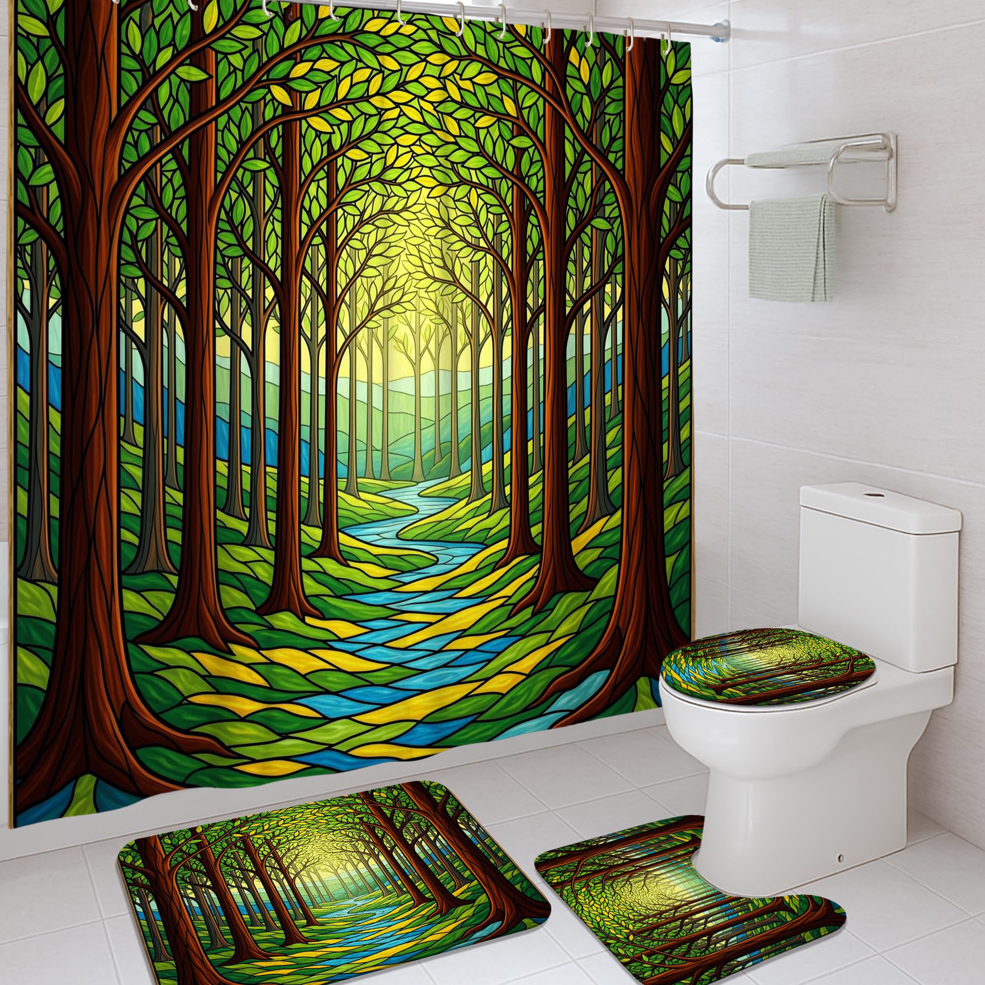 Rideau de douche polyester arbre vitrail pour transformer votre salle de bain en oasis nature