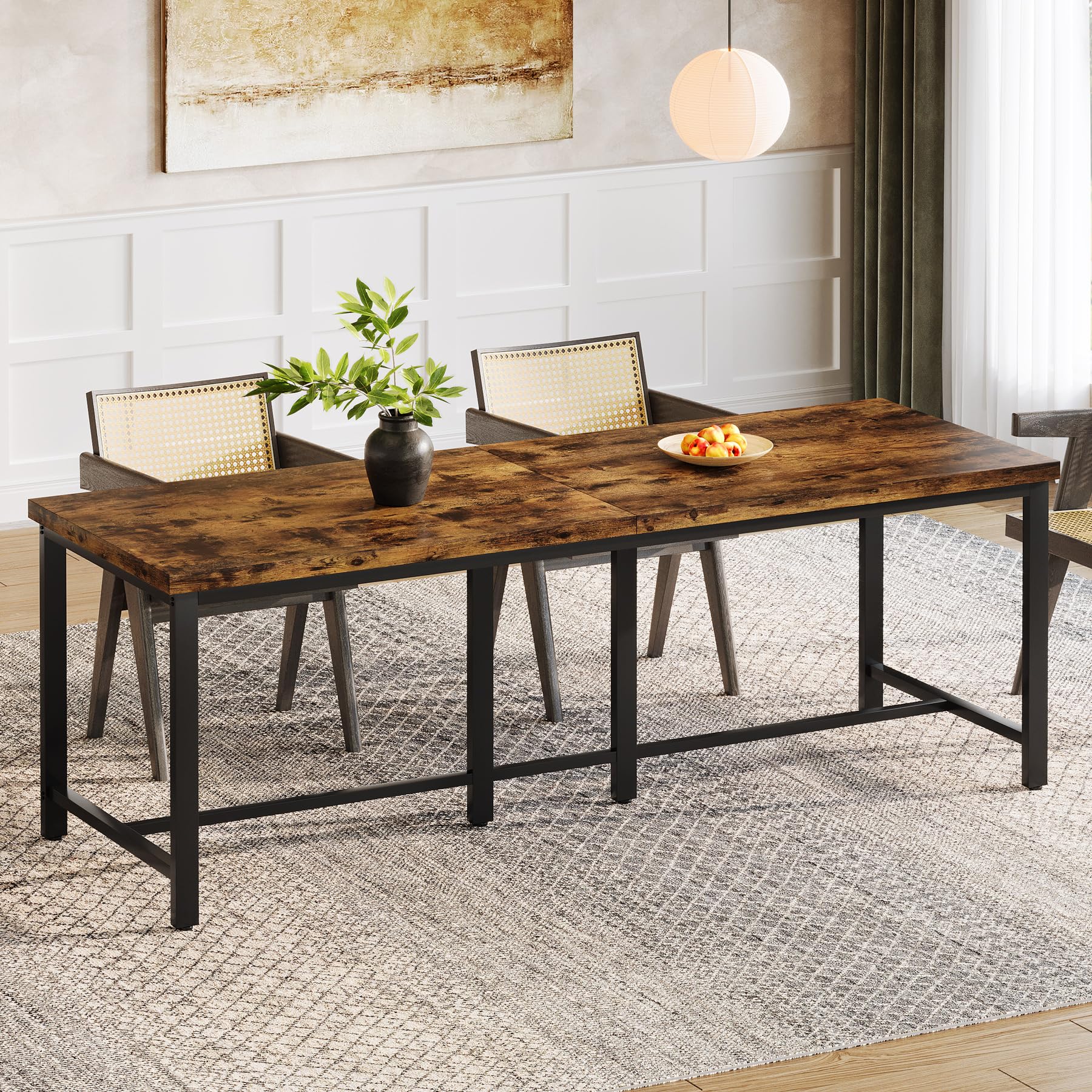 Tribesigns Mesa de comedor de 200 cm de largo para 6-8 personas, gran mesa de cocina rectangular industrial de madera, mesa de comedor rústica con patas de metal resistentes (marrón rústico)