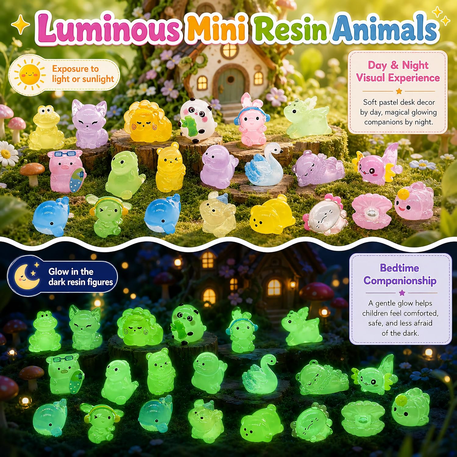 100p Mini Glow in The Dark Resin Animals Blind Bags, Mystery Miniature Animals Figures for Kids & Adults Party Favors, Classroom Rewards and Fairy Garden Micro-Landscape Decor
