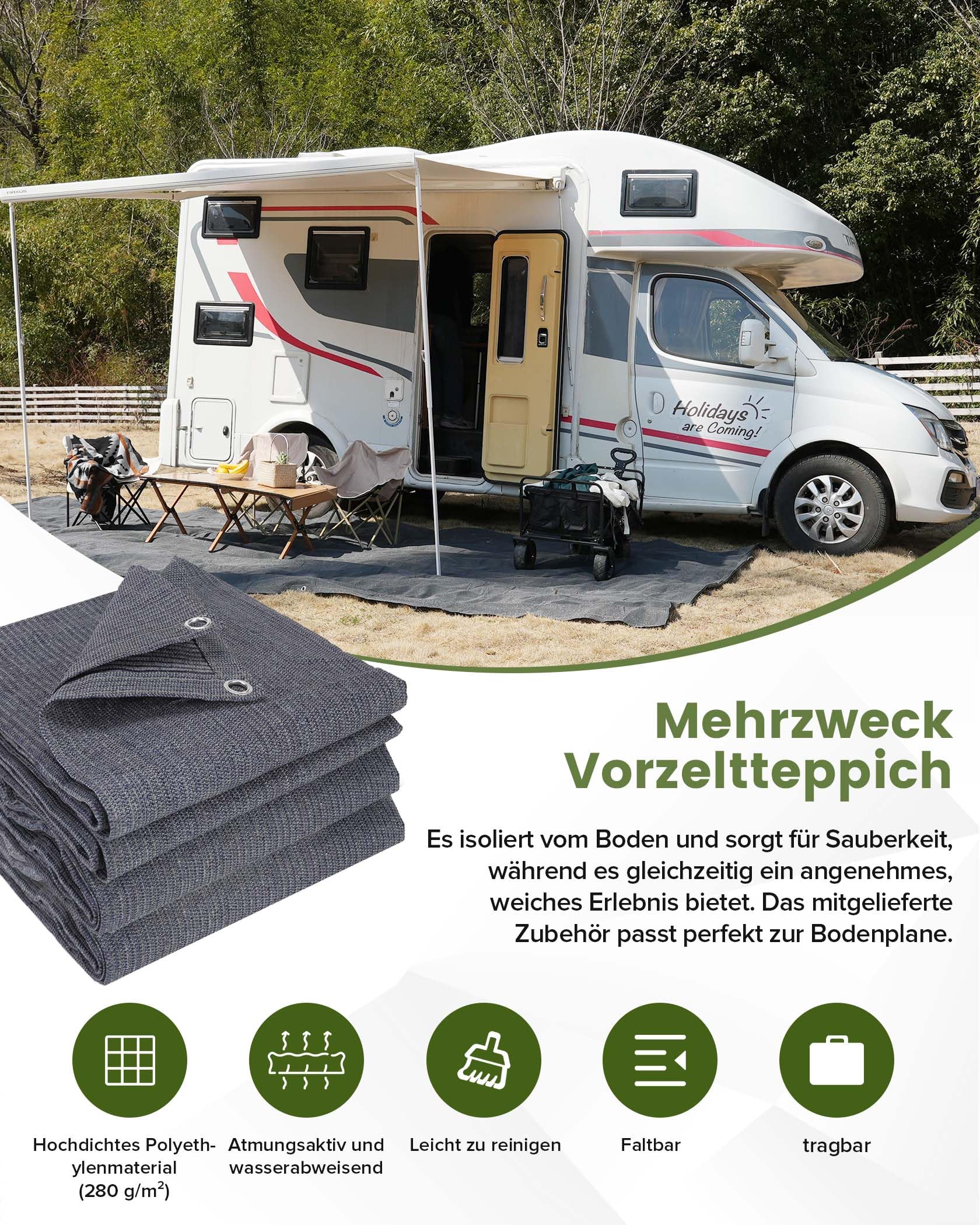 FoundGo Vorzeltteppich mit Ösen [280g/m² HDPE] Camping Teppich Outdoor Vorzeltboden inkl. Tragetasche 8 Stahlnägel & Wäscheleine