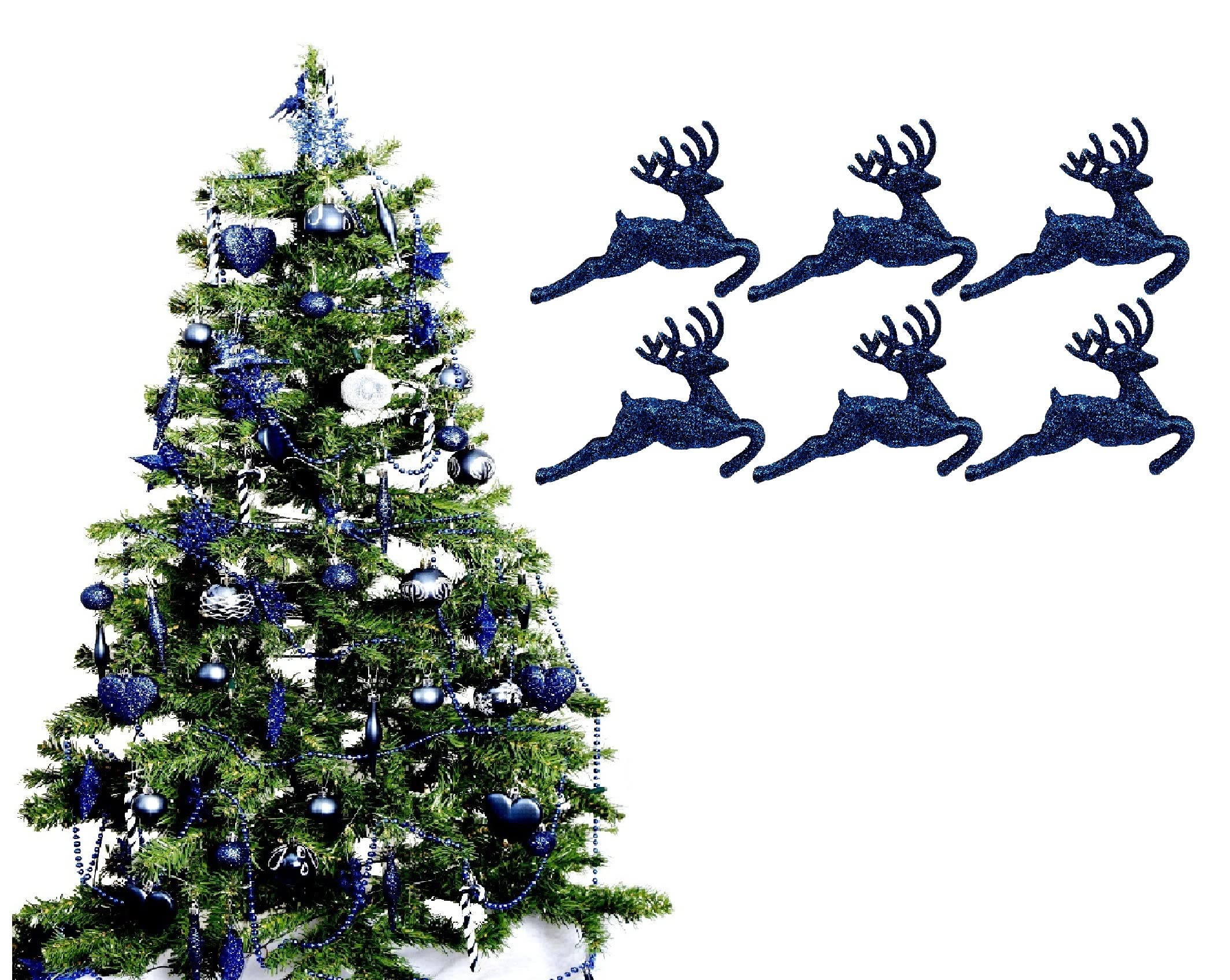 Pack of 6 - Hanging Glitter Reindeer Christmas Tree Decorations - 2.2cm x 9.5cm (Navy)