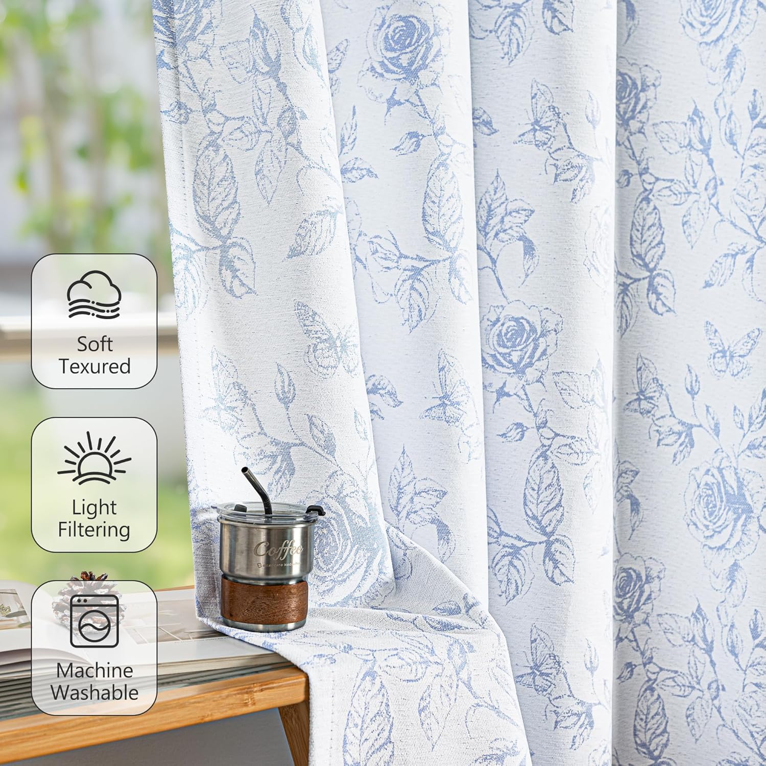 FMFUNCTEX Blue Floral Jacquard Curtains for Bedroom, Rose Flower Patterned Curtains 84 Inches Long Light Filtering Drapes for Living Room, Double Sided Design Drapes Grommet Top 2 Panles - Image 4