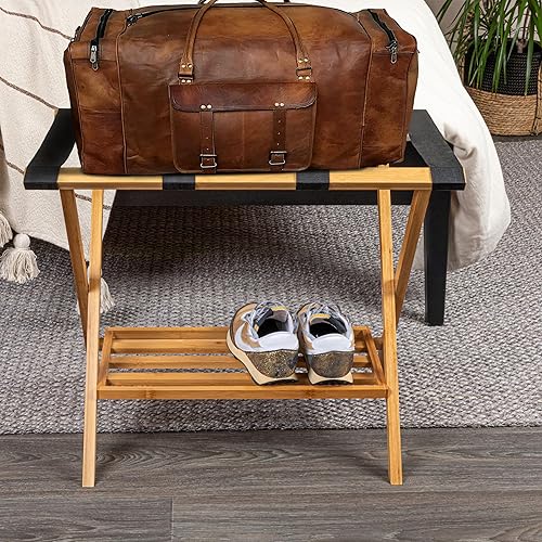 Miniatura 3 de Household Essentials Fully Assembled Folding Luggage Rack with Lower Storage Shelf  Bamboo Frame with Black Straps