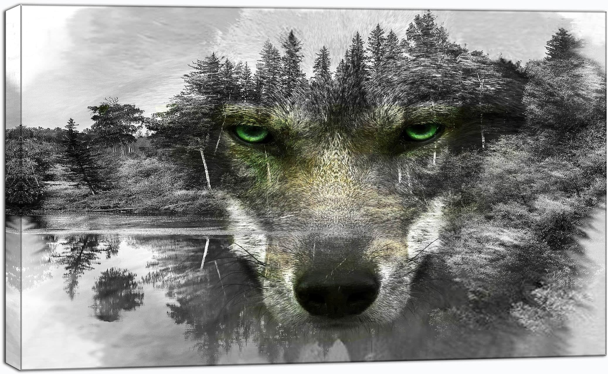 Wolf Picture Wall Art Black and White Animal Painting Artwork with Green Eyes Canvas Print for Living Room Bedroom Home Decor Framed